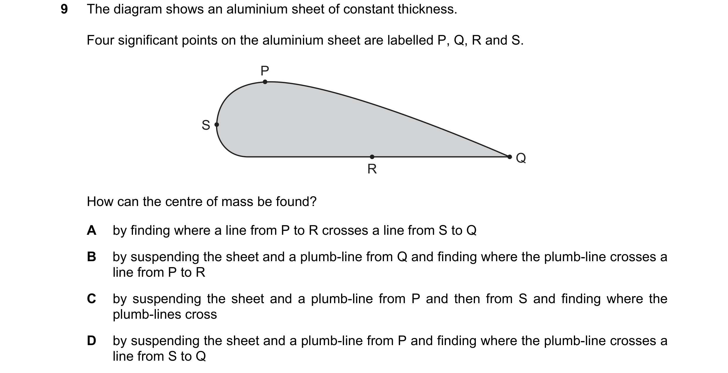 Question 186: The diagram shows an aluminium sheet of constant thickness. Four significant points on the aluminium sheet are labelled P, Q, R and S. P S …