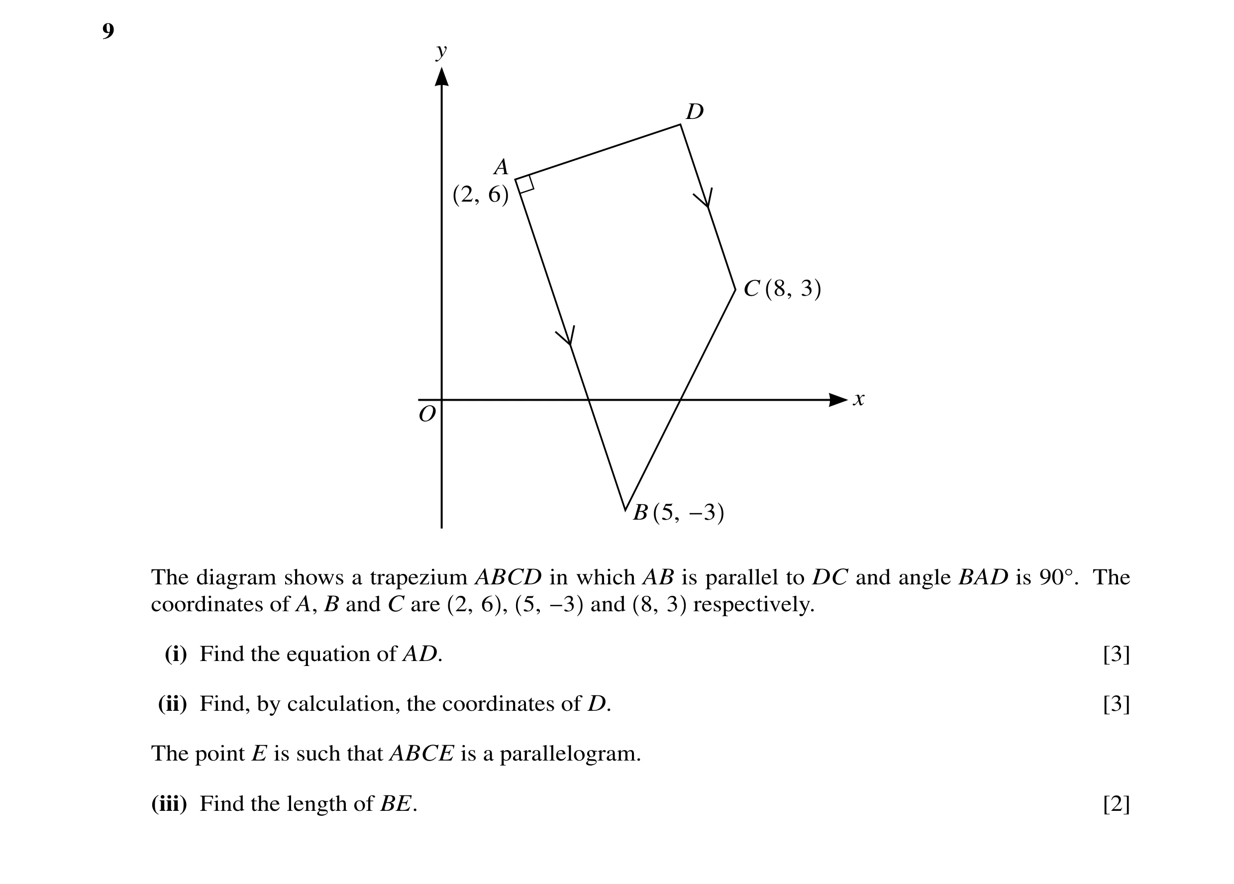 Question 26: y D A 2, 6 C 8, 3 x O B 5, −3 The diagram shows a trapezium ABCD in which AB is parallel to DC and angle BAD is 90 . The coordinates of A, …