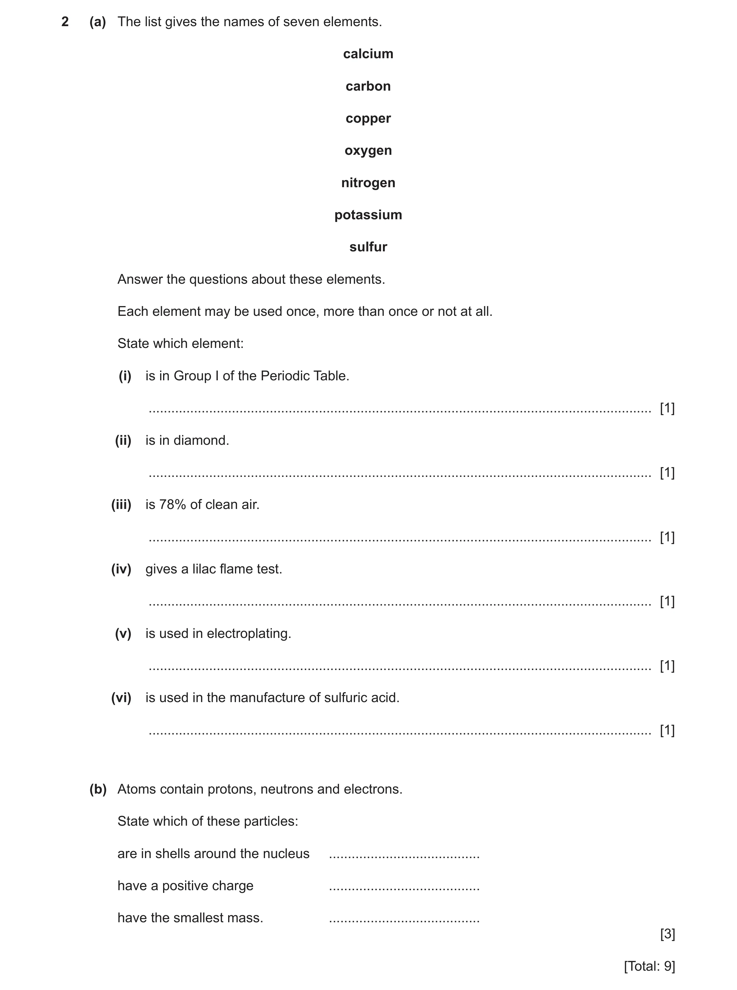 Question 33: (a) The list gives the names of seven elements. calcium carbon copper oxygen nitrogen potassium sulfur Answer the questions about these ele…
