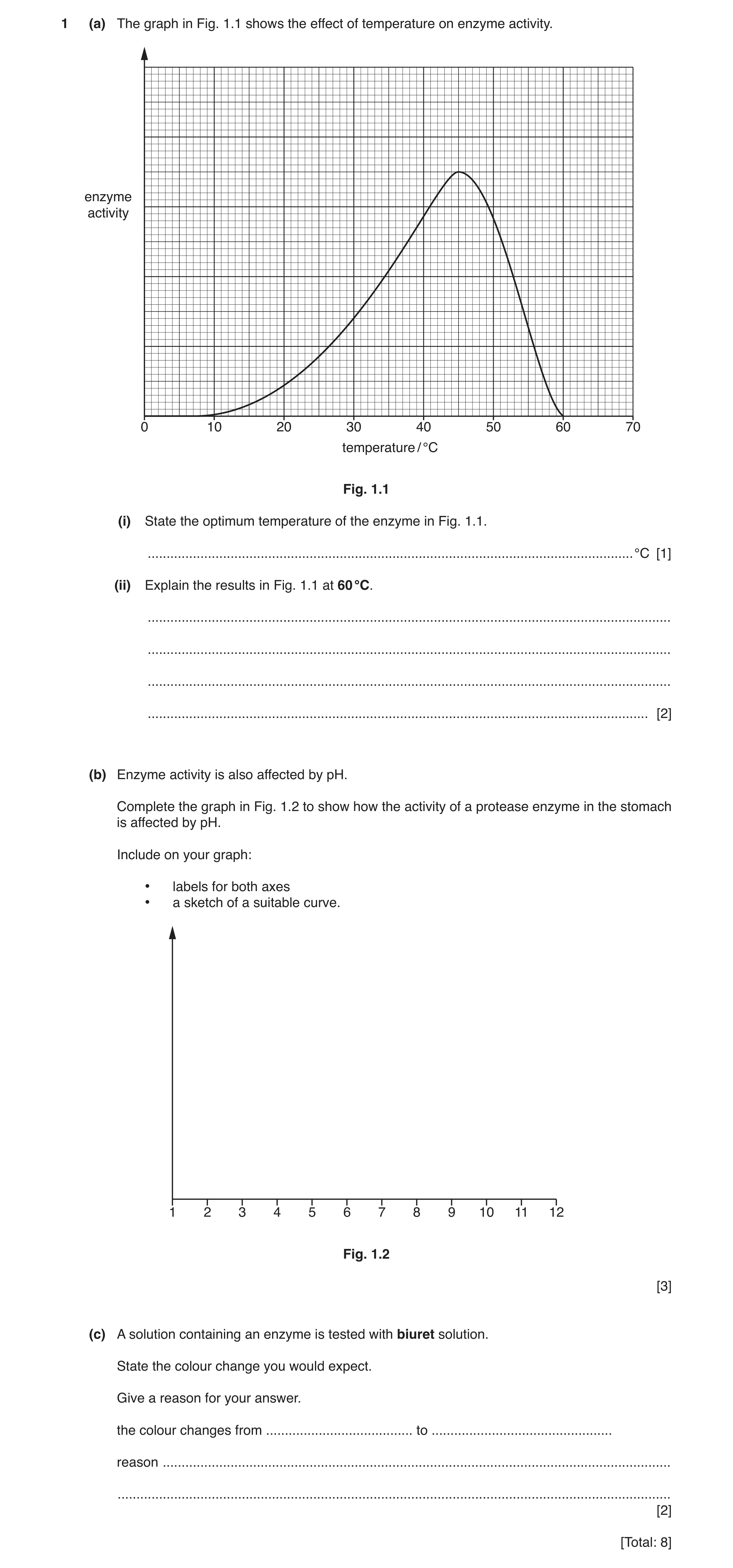 Question 4: (a) The graph in Fig. 1.1 shows the effect of temperature on enzyme activity. enzyme activity 0 10 20 30 40 50 60 70 temperature / °C Fig. …