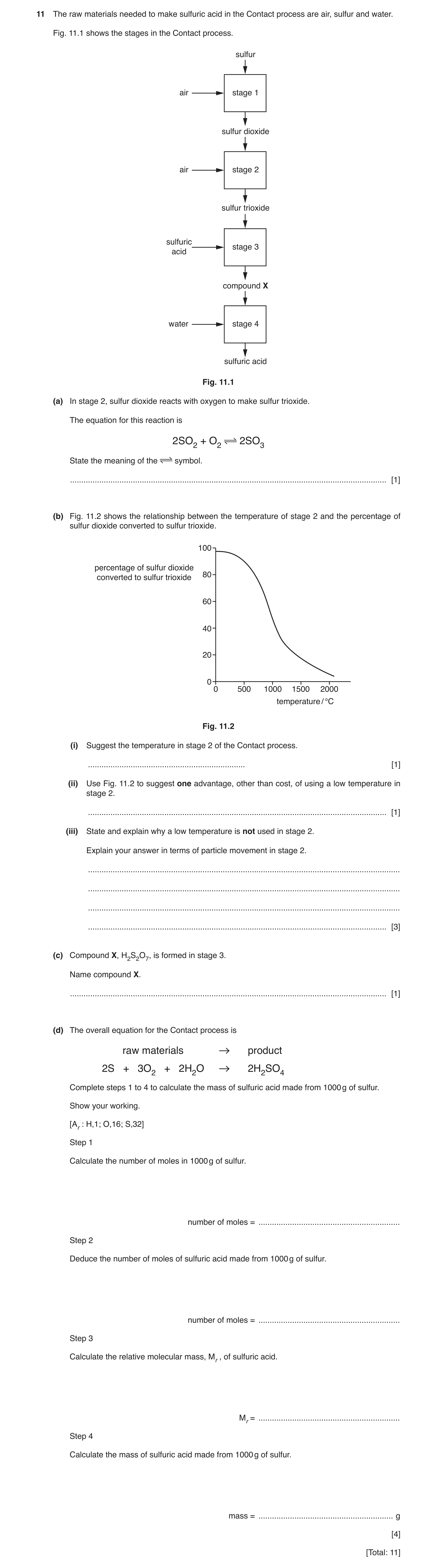Question 7: The raw materials needed to make sulfuric acid in the Contact process are air, sulfur and water. Fig. 11.1 shows the stages in the Contact …
