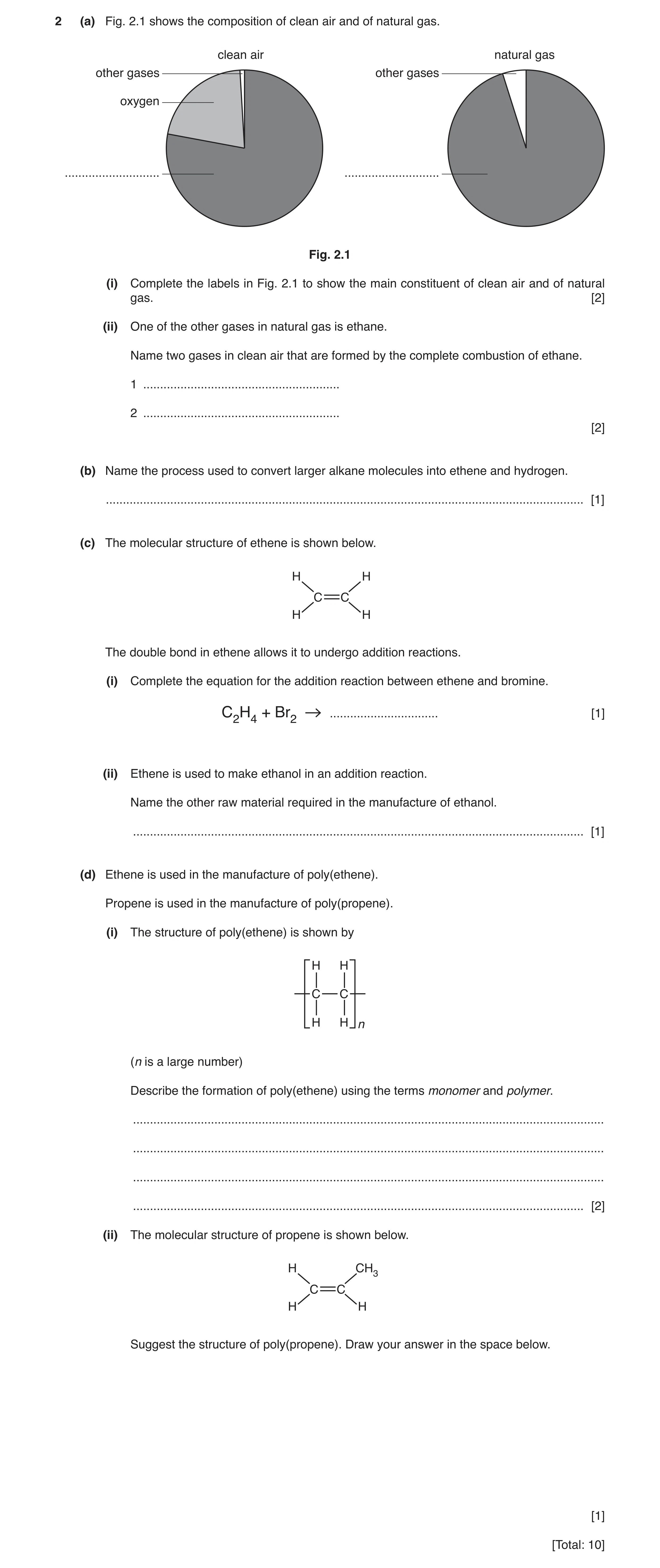 Question 2: (a) Fig. 2.1 shows the composition of clean air and of natural gas. clean air natural gas other gases other gases oxygen ..................…