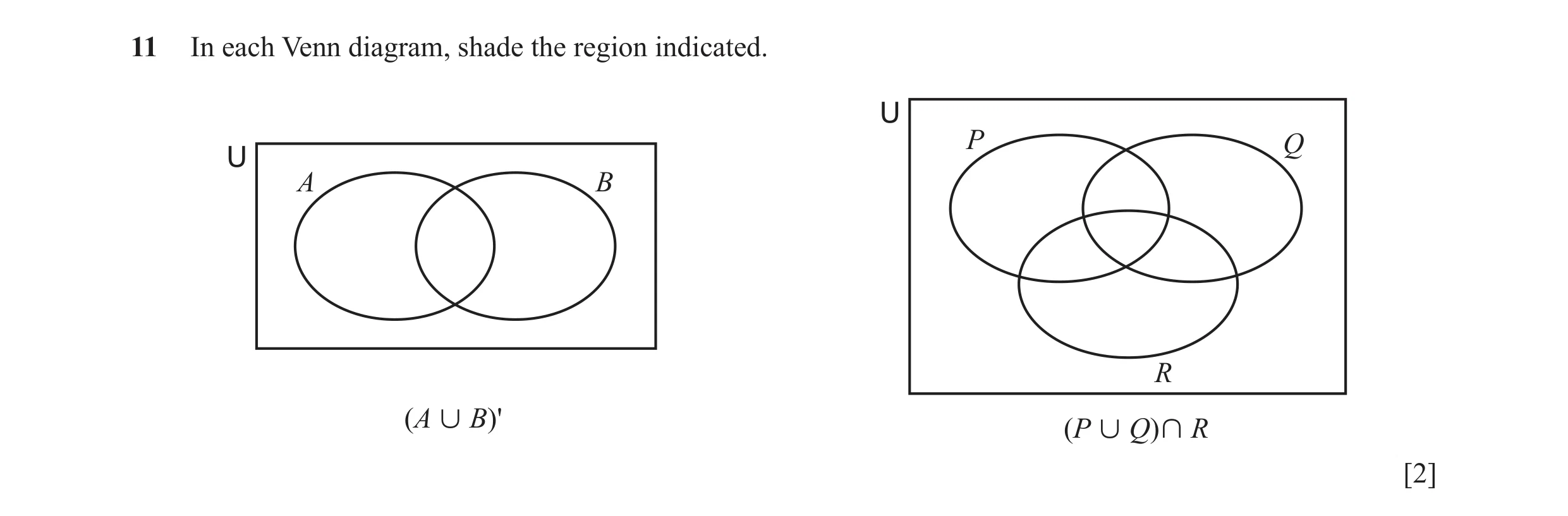 Question 3: In each Venn diagram, shade the region indicated. U P Q U A B R (A B)' (P Q) R [2]