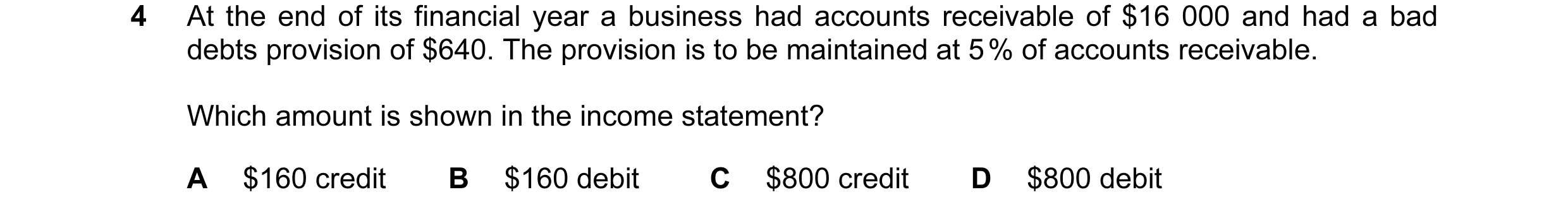 Question 192: At the end of its financial year a business had accounts receivable of $16 000 and had a bad debts provision of $640. The provision is to b…