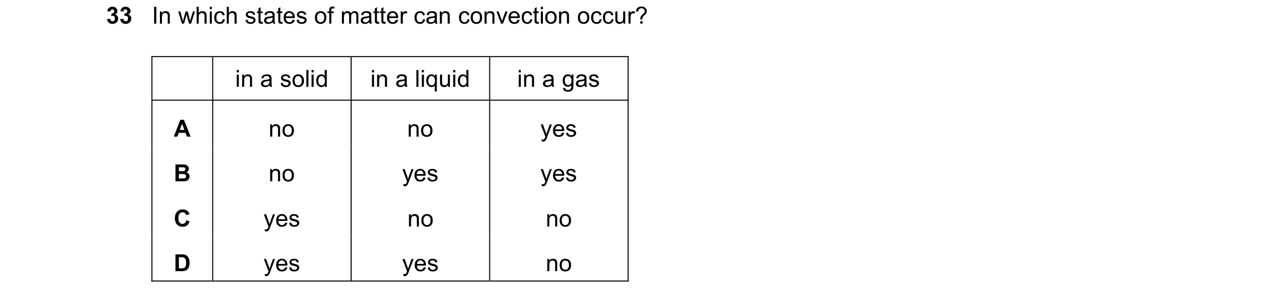 Question 29: In which states of matter can convection occur? in a solid in a liquid in a gas A no no yes B no yes yes C yes no no D yes yes no