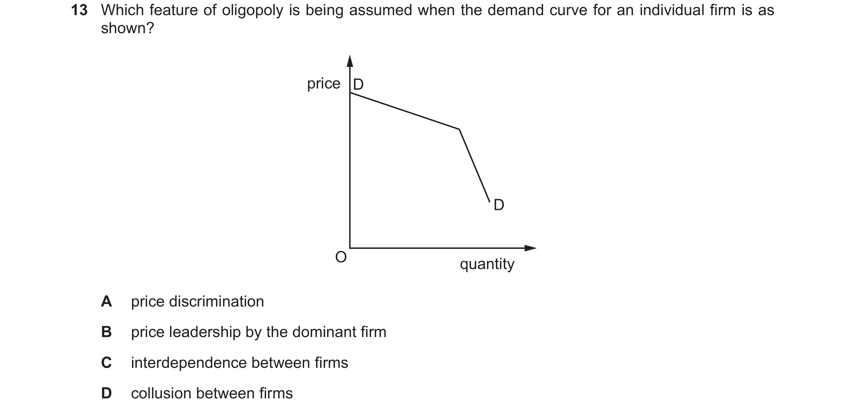Question 128: Which feature of oligopoly is being assumed when the demand curve for an individual firm is as shown? price D D O quantity A price discrimi…