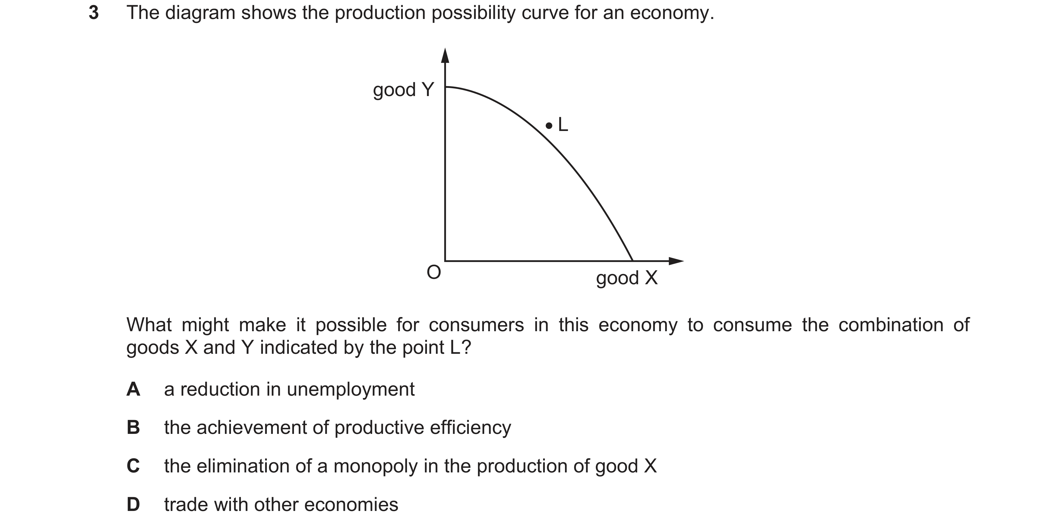 Question 19: The diagram shows the production possibility curve for an economy. good Y L O good X What might make it possible for consumers in this econ…
