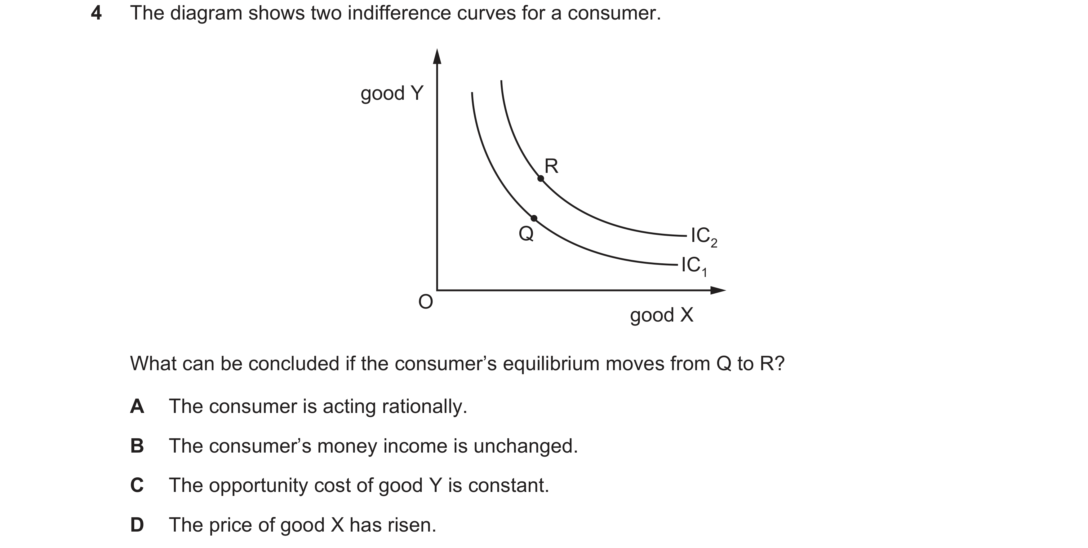 Question 38: The diagram shows two indifference curves for a consumer. good Y R Q IC2 IC1 O good X What can be concluded if the consumer’s equilibrium m…