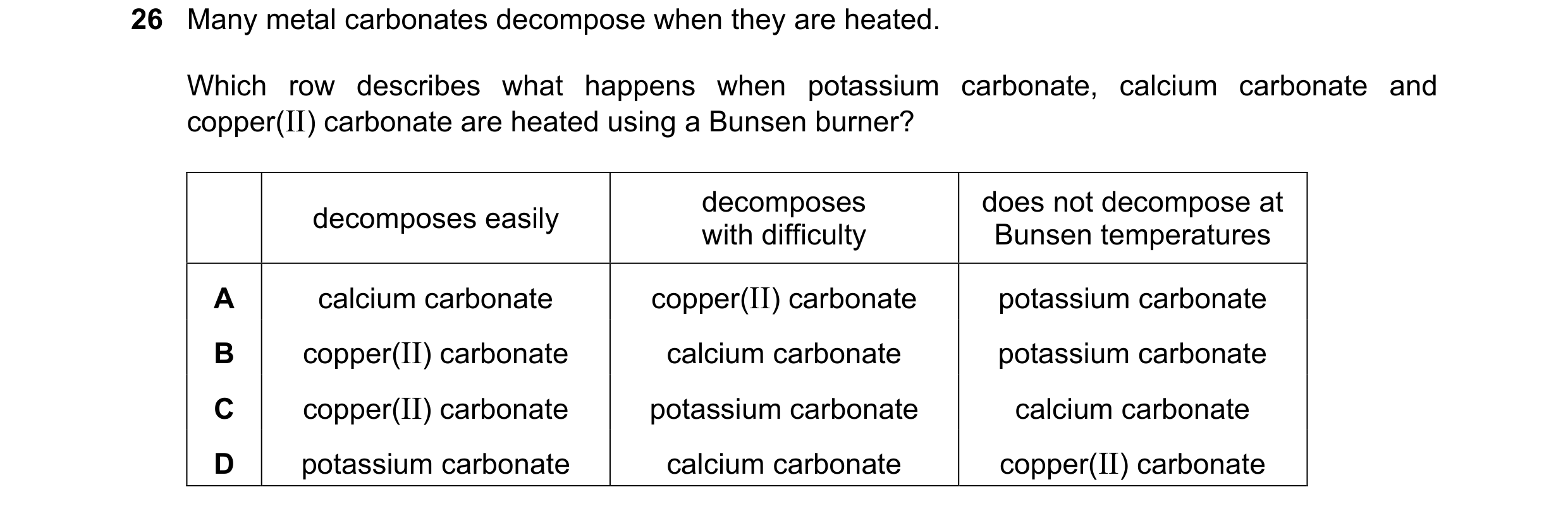 Question 8: Many metal carbonates decompose when they are heated. Which row describes what happens when potassium carbonate, calcium carbonate and copp…