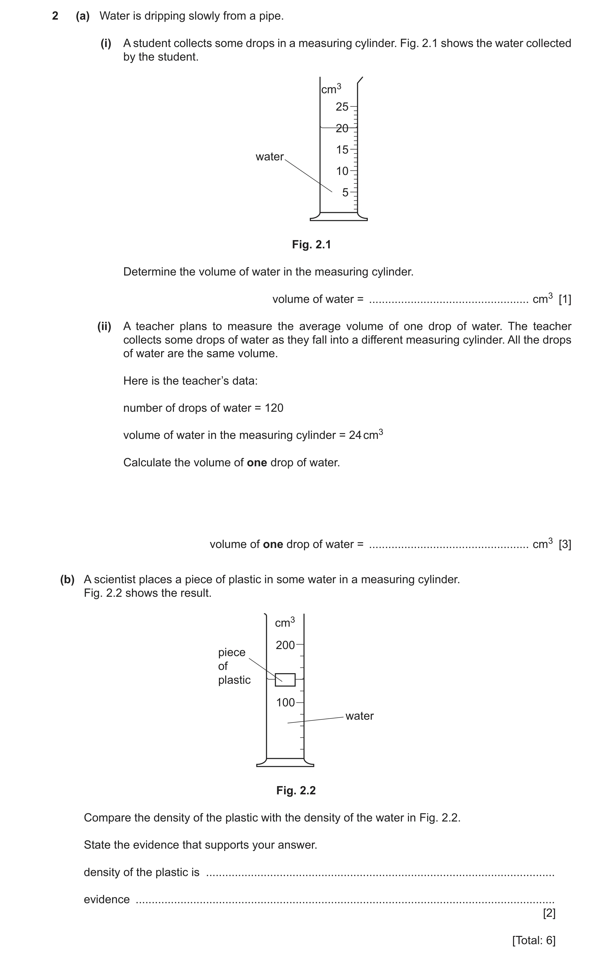 Question 35: (a) Water is dripping slowly from a pipe. (i) A student collects some drops in a measuring cylinder. Fig. 2.1 shows the water collected by …