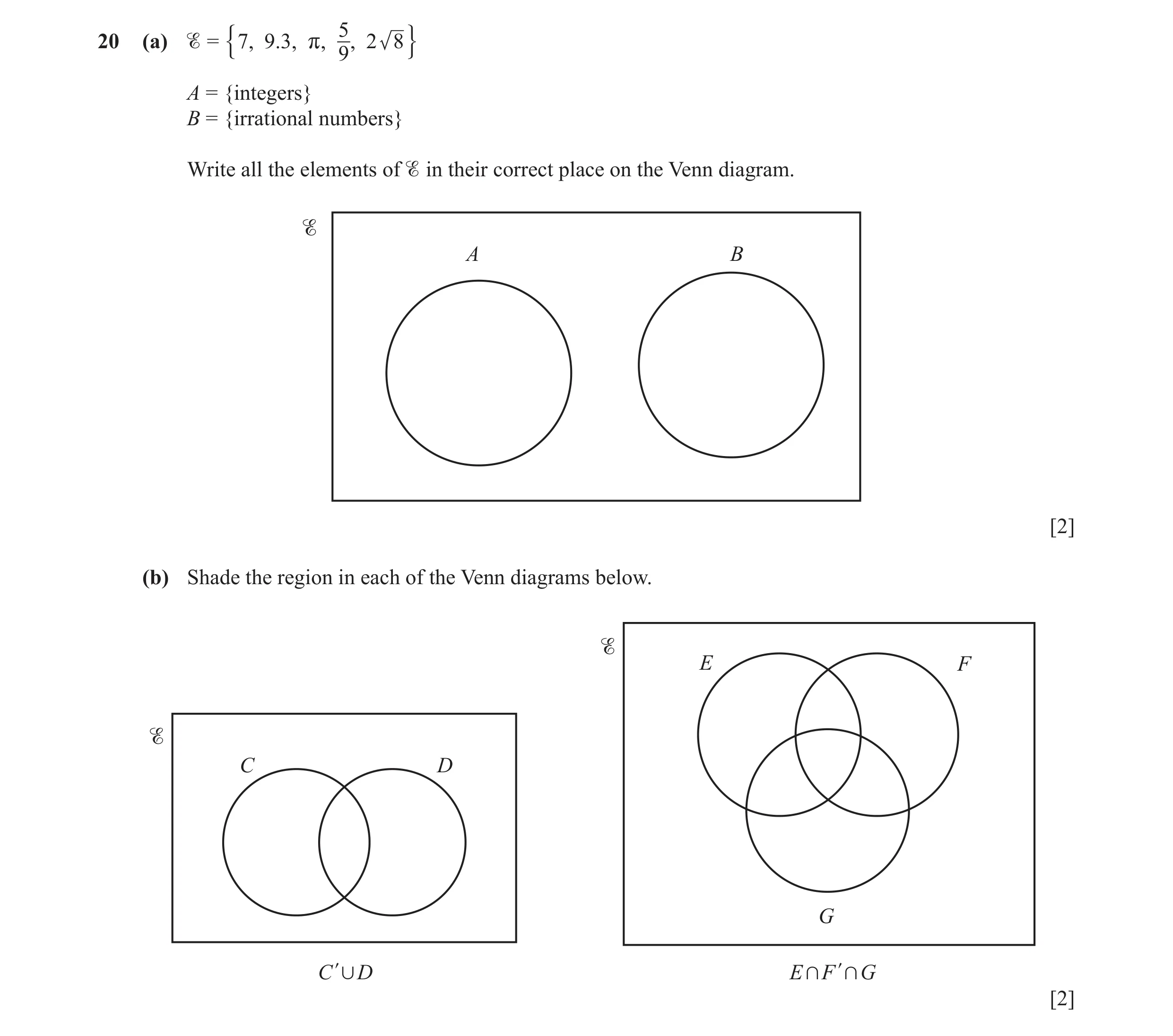 Question 24: , 2 8 7 , 9 .3 , r ,20 (a) = % / 9 A = {integers} B = {irrational numbers} Write all the elements of in their correct place on the Venn…