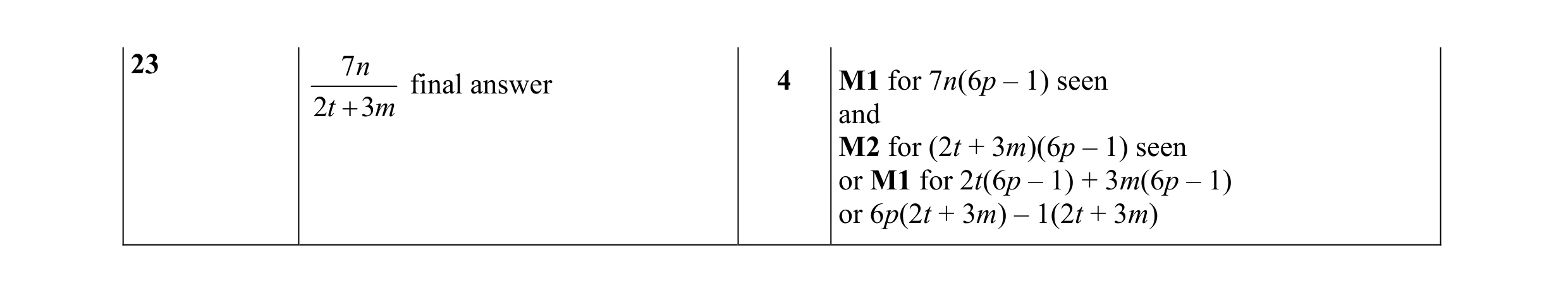 Mark scheme for question 70