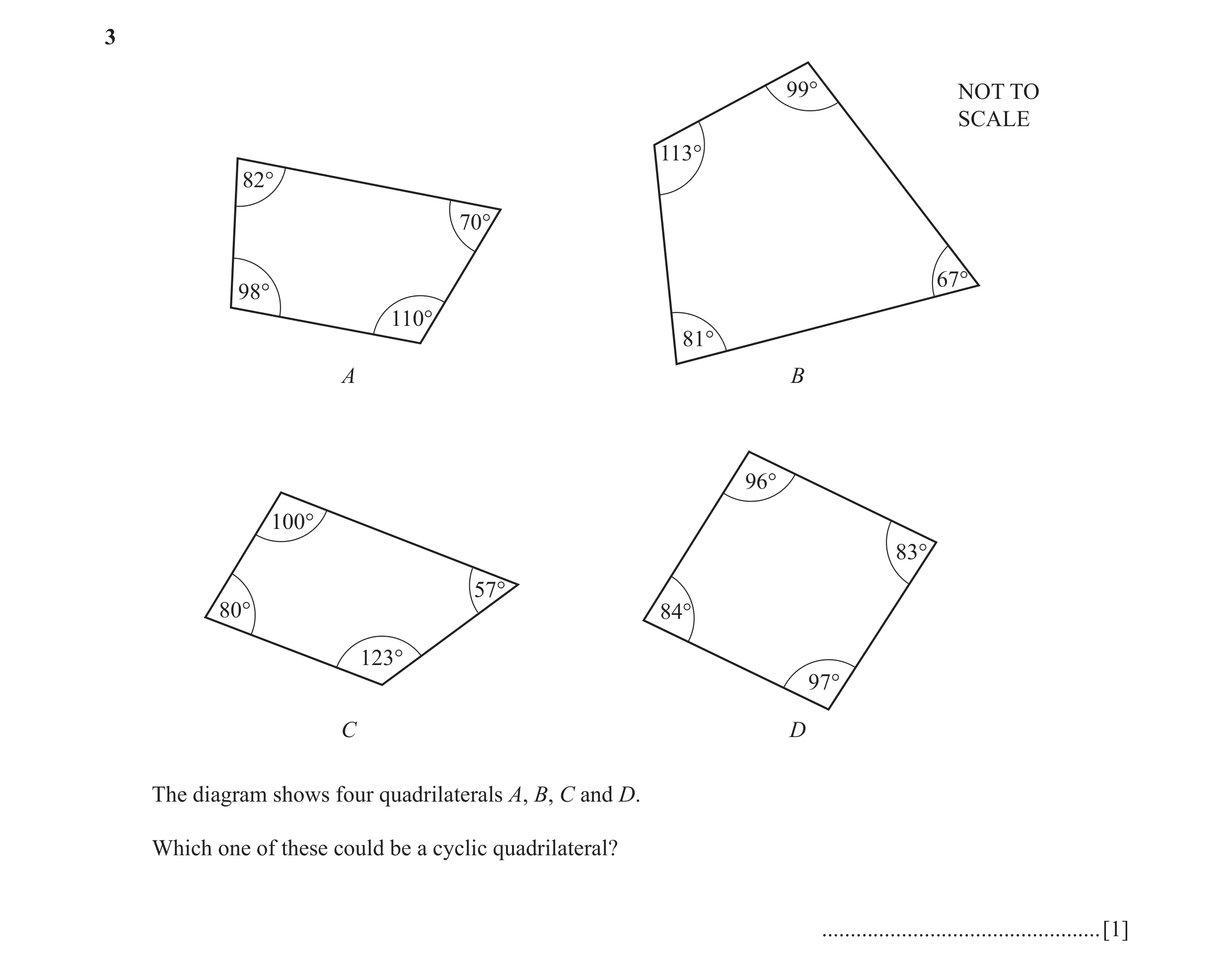 Question 12: 99° NOT TO SCALE 113° 82° 70° 67° 98° 110° 81° A B 96° 100° 83° 57° 80° 84° 123° 97° C D The diagram shows four quadrilaterals A, B, C and …