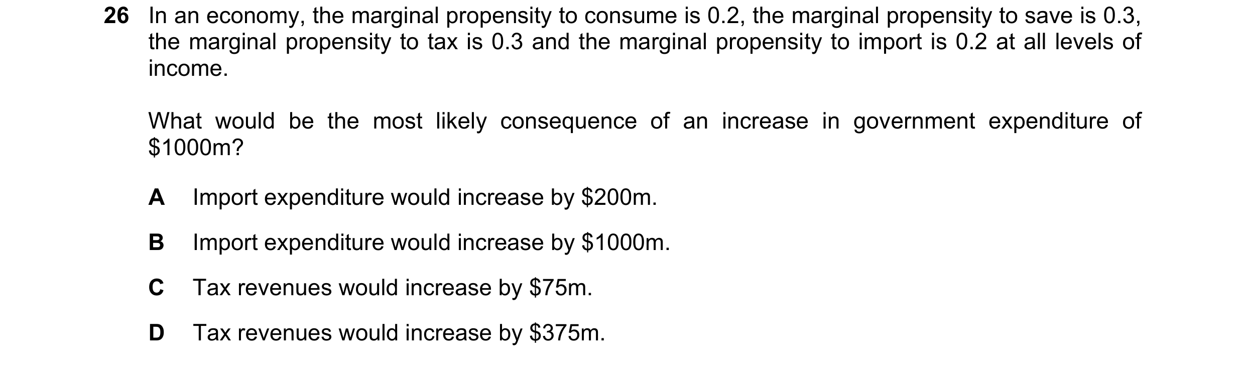Question 121: In an economy, the marginal propensity to consume is 0.2, the marginal propensity to save is 0.3, the marginal propensity to tax is 0.3 and…