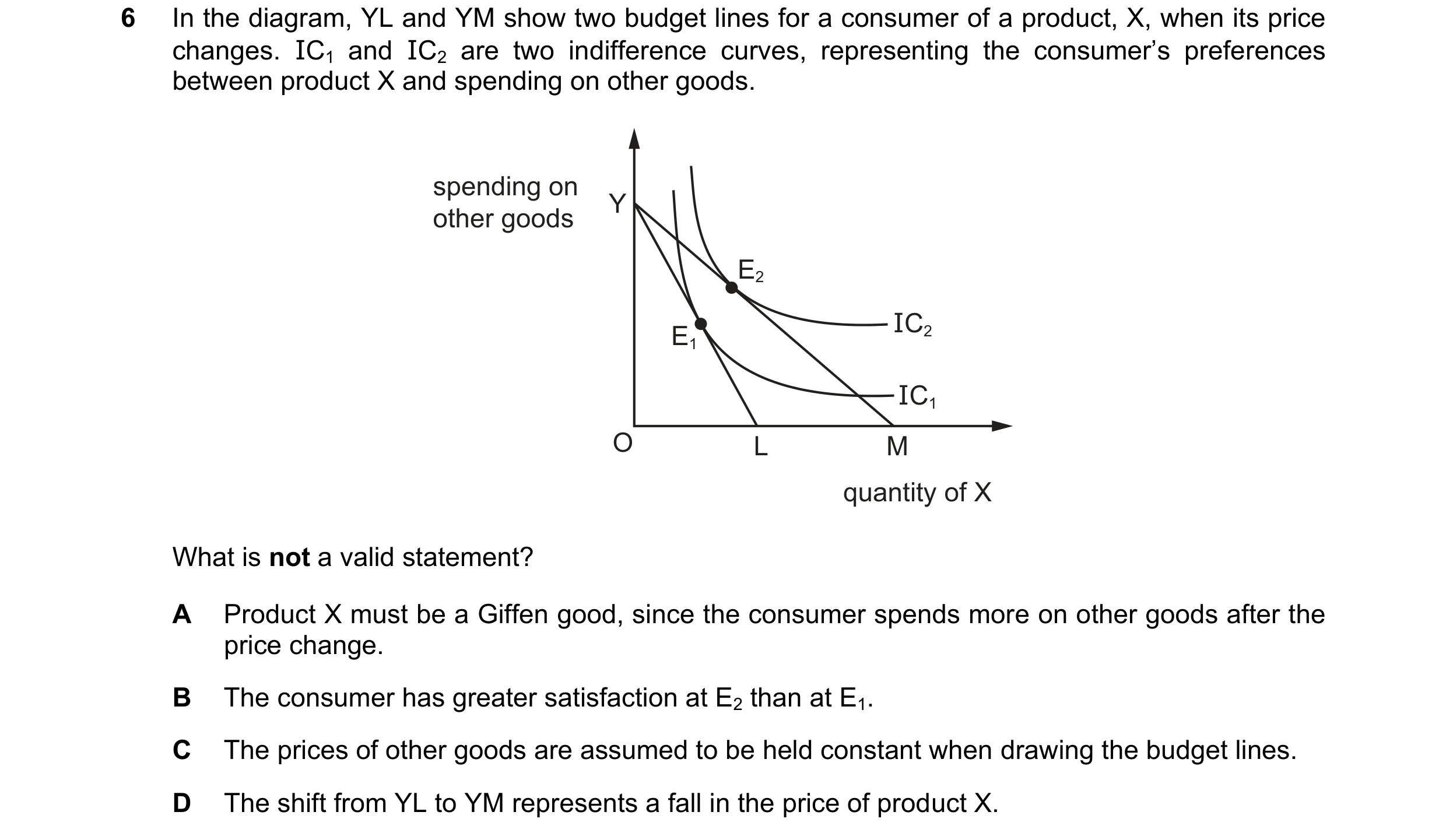 Question 58: In the diagram, YL and YM show two budget lines for a consumer of a product, X, when its price changes. IC1 and IC2 are two indifference cu…
