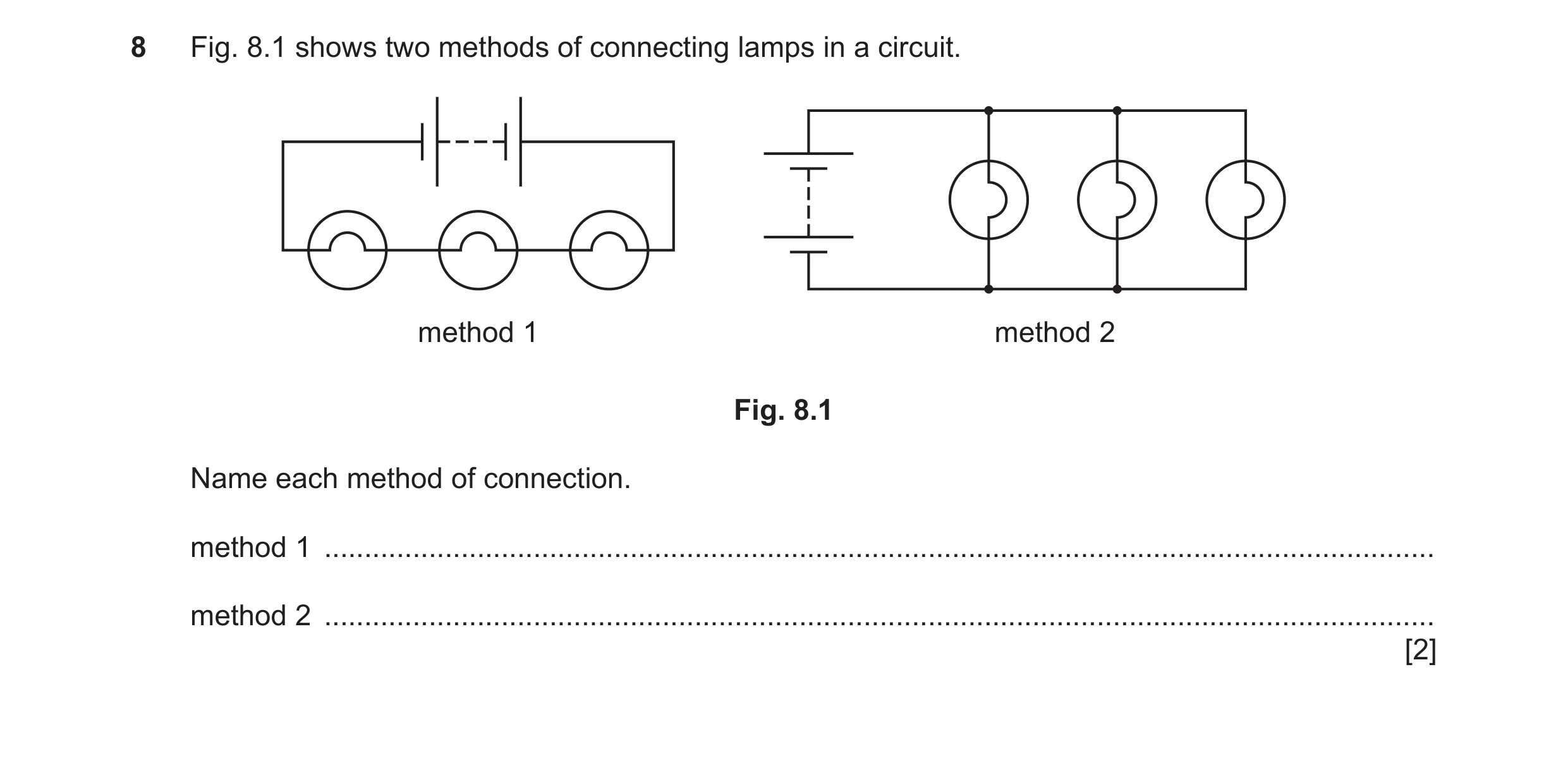 Question 118: Fig. 8.1 shows two methods of connecting lamps in a circuit. method 1 method 2 Fig. 8.1 Name each method of connection. method 1 ..........…