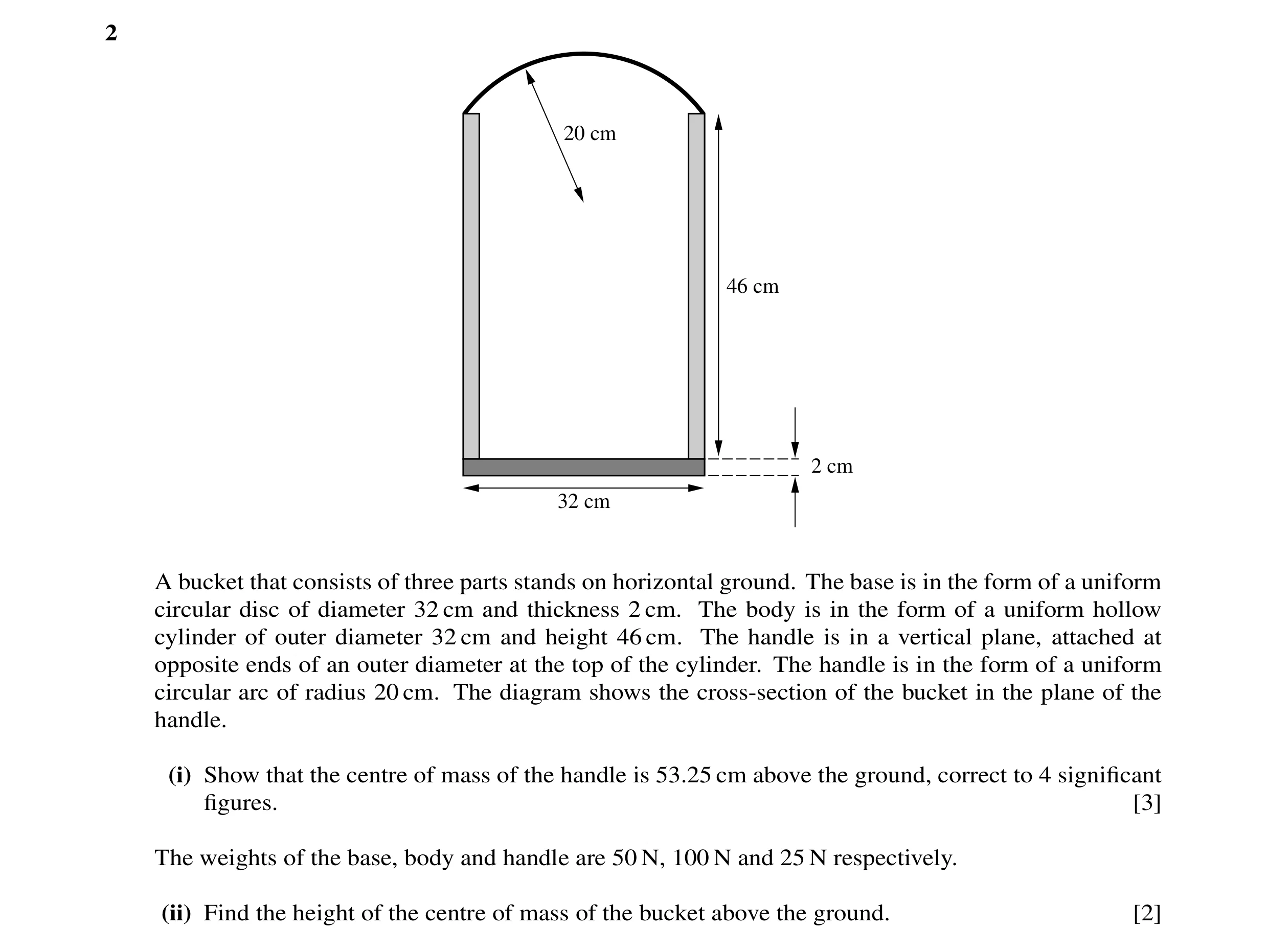 Question 3: 20 cm 46 cm 2 cm 32 cm A bucket that consists of three parts stands on horizontal ground. The base is in the form of a uniform circular dis…