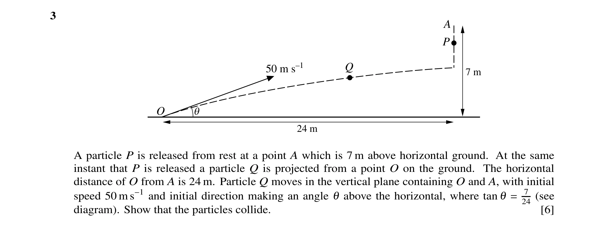 Question 23: A P 50 m s–1 Q 7 m O q 24 m A particle P is released from rest at a point A which is 7 m above horizontal ground. At the same instant that …