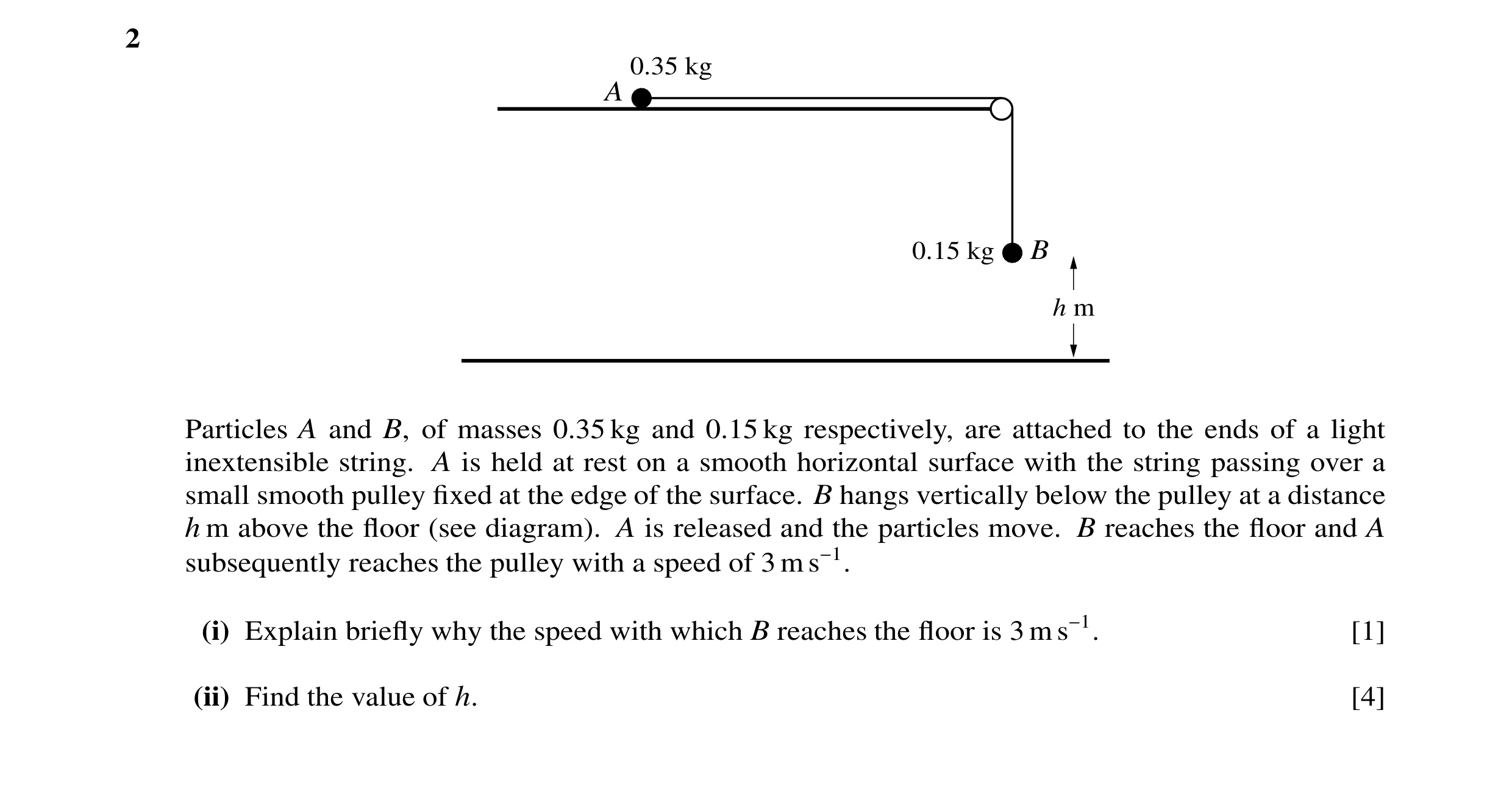 Question 65: 0.35 kg A 0.15 kg B h m Particles A and B, of masses 0.35 kg and 0.15 kg respectively, are attached to the ends of a light inextensible str…