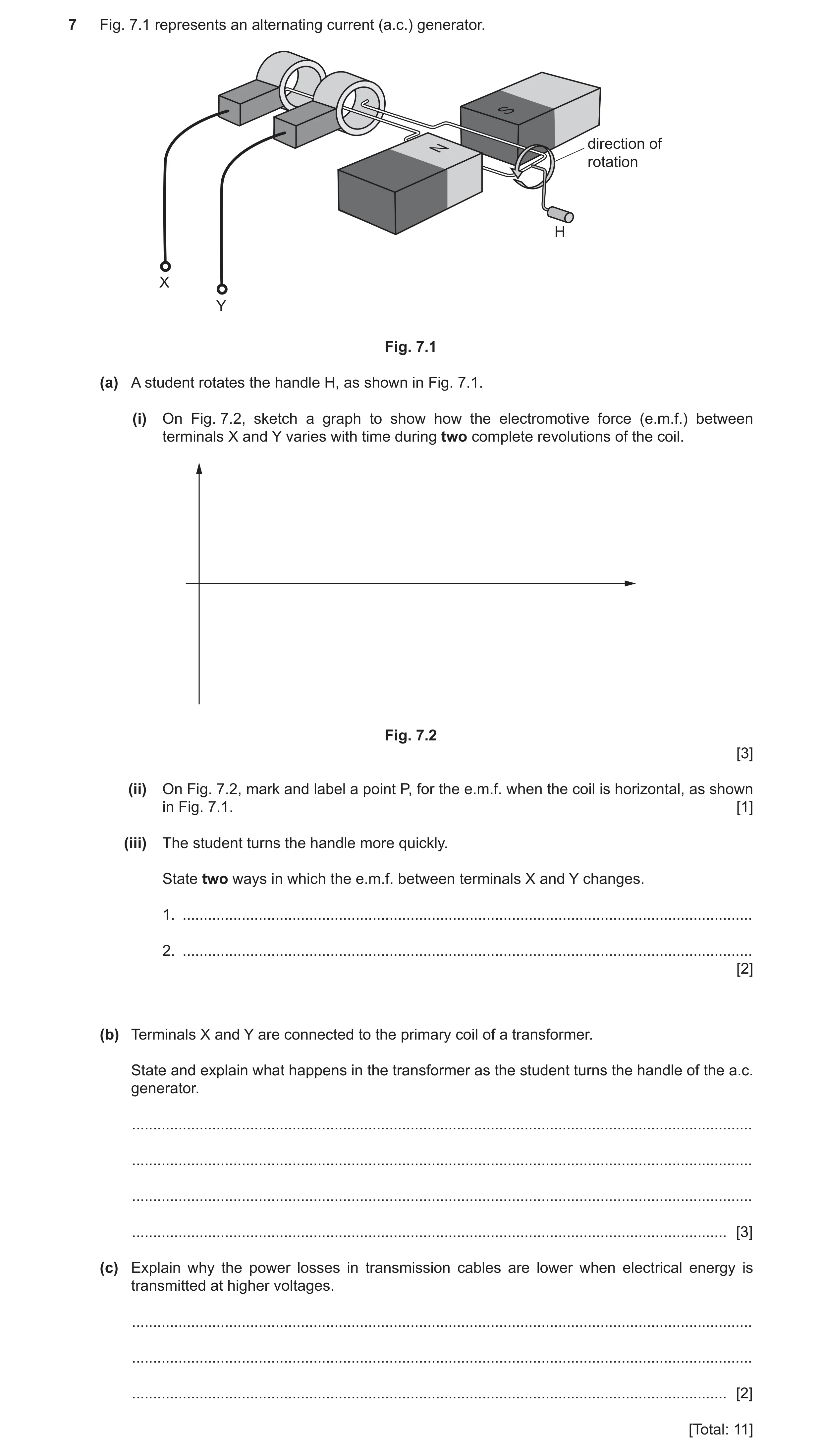 Question 26: Fig. 7.1 represents an alternating current (a.c.) generator. S N direction of rotation H X Y Fig. 7.1 (a) A student rotates the handle H, a…