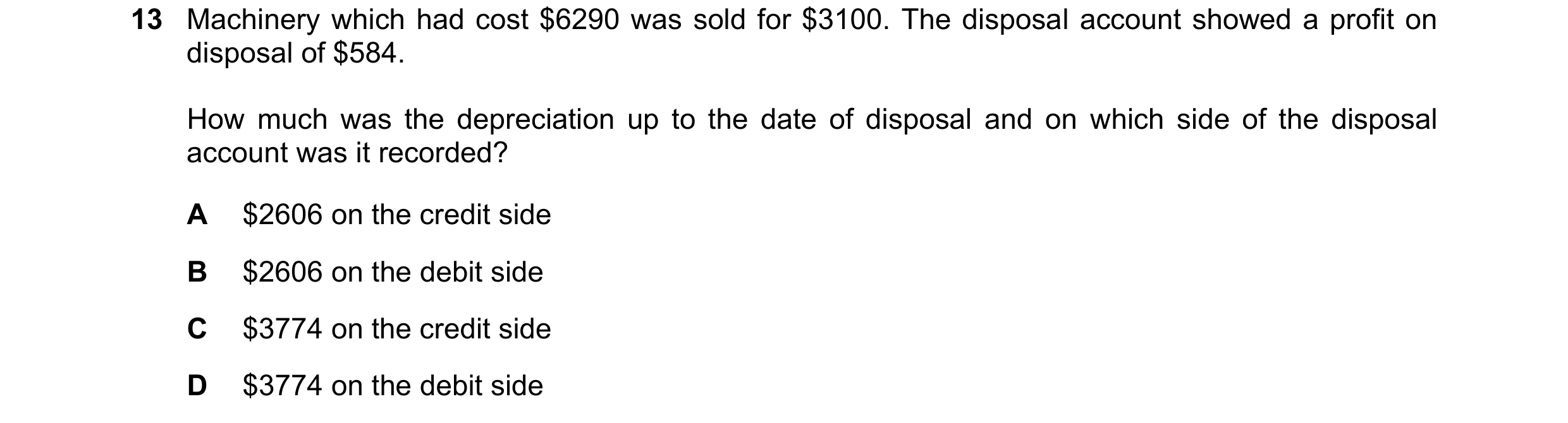 Question 9: Machinery which had cost $6290 was sold for $3100. The disposal account showed a profit on disposal of $584. How much was the depreciation …