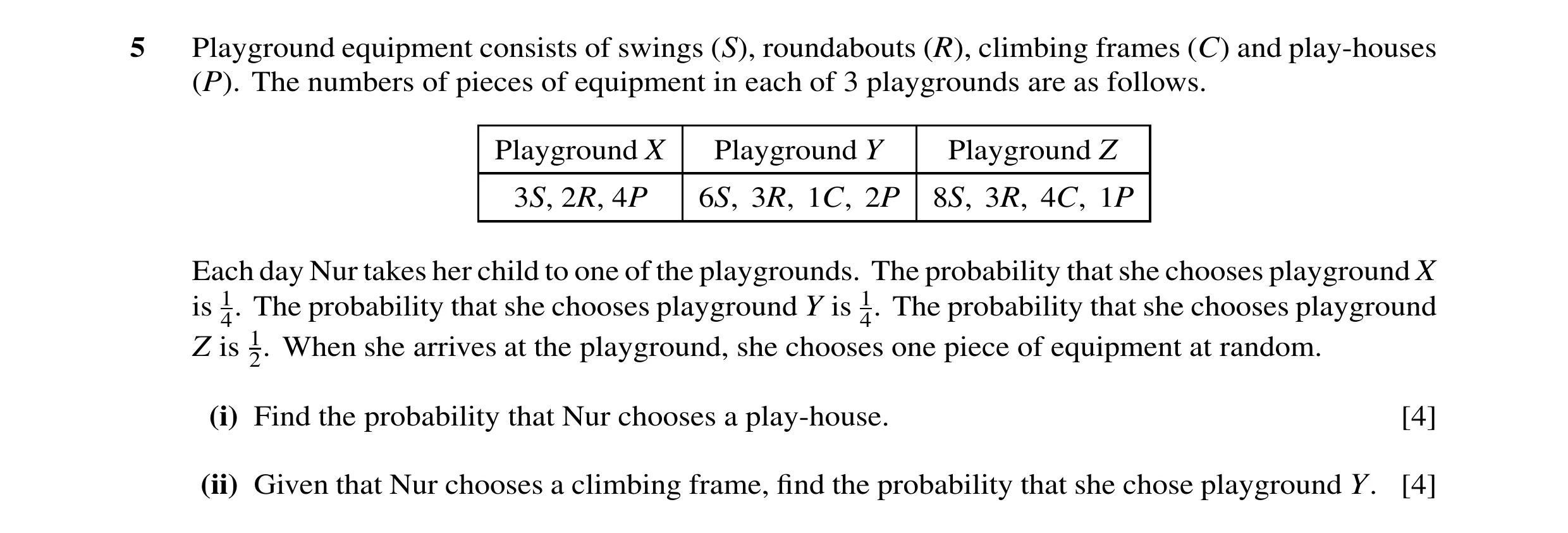 Question 61: Playground equipment consists of swings (S), roundabouts (R), climbing frames (C) and play-houses (P). The numbers of pieces of equipment i…