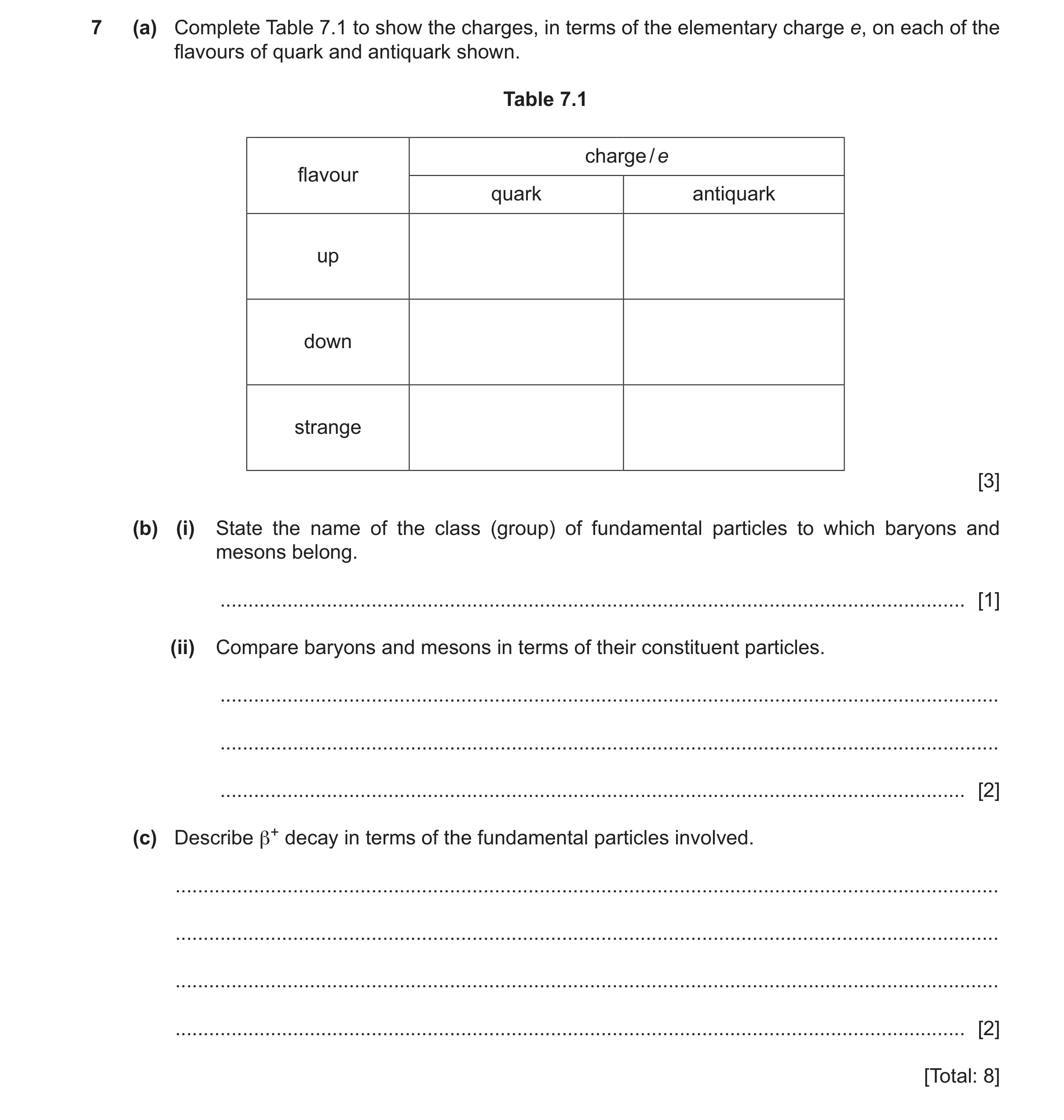 Question 26: (a) Complete Table 7.1 to show the charges, in terms of the elementary charge e, on each of the flavours of quark and antiquark shown. Tabl…
