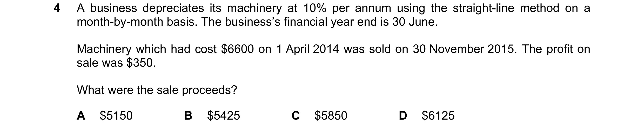 Question 125: A business depreciates its machinery at 10% per annum using the straight-line method on a month-by-month basis. The business’s financial ye…