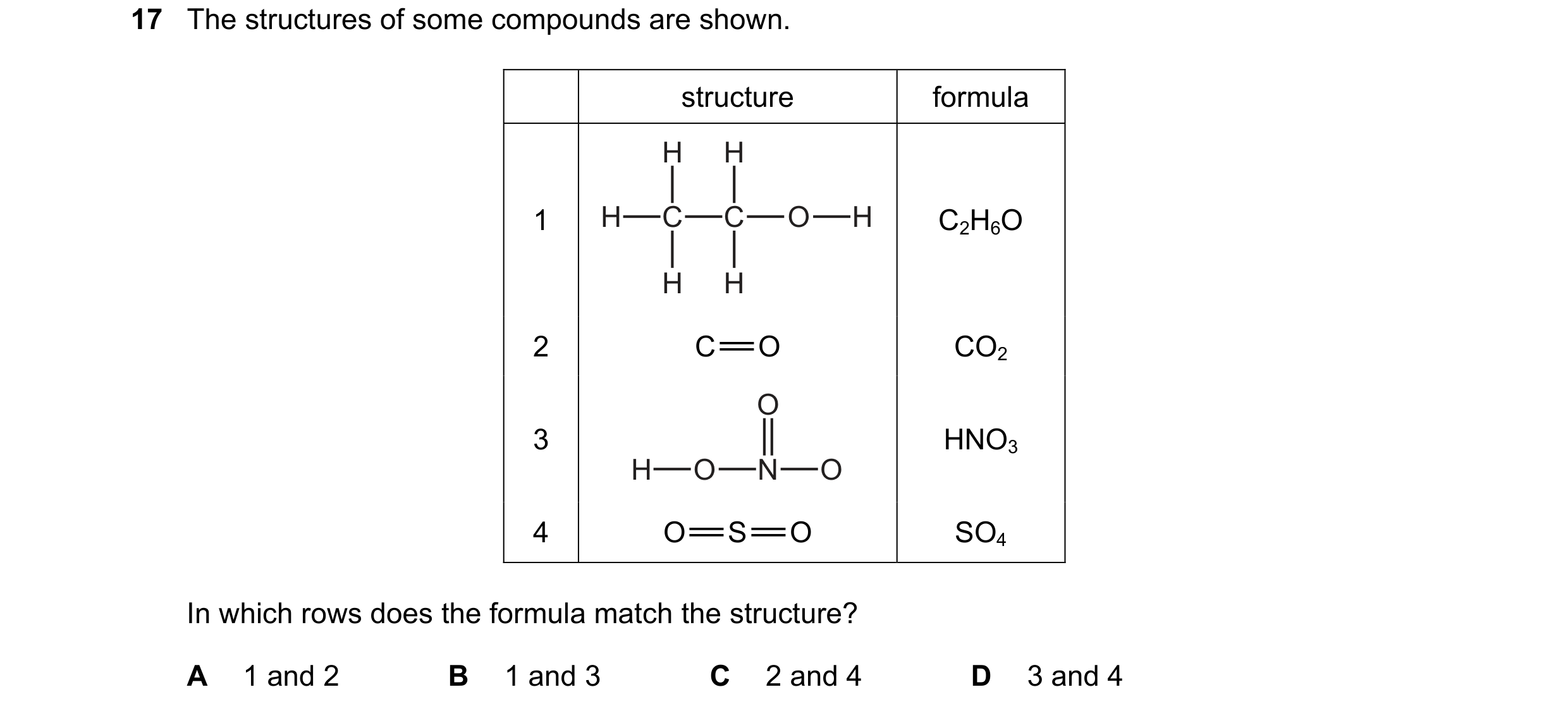 Question 38: The structures of some compounds are shown. structure formula H H 1 H C C O H C2H6O H H 2 C=O CO2 O 3 HNO3 H O N O 4 O=S=O SO4 In which row…
