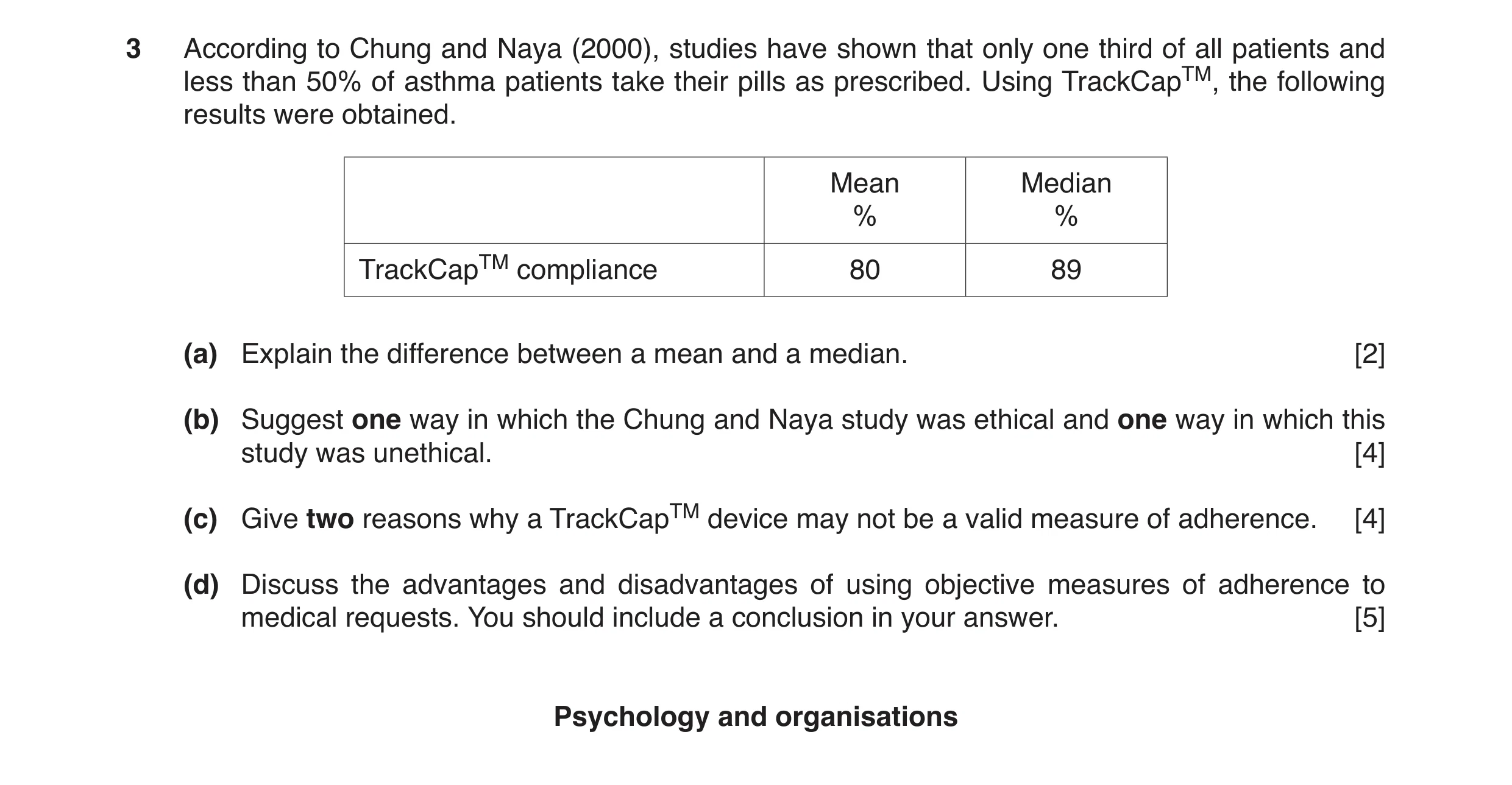 Question 5: According to Chung and Naya (2000), studies have shown that only one third of all patients and less than 50% of asthma patients take their …
