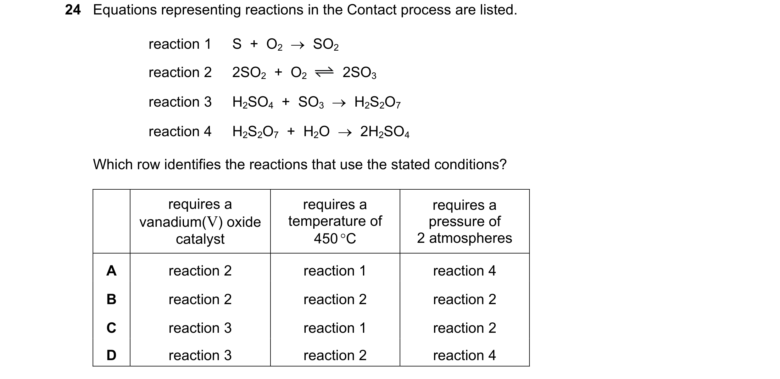 Question 11: Equations representing reactions in the Contact process are listed. reaction 1 S + O2 → SO2 reaction 2 2SO2 + O2 2SO3 reaction 3 H2SO…