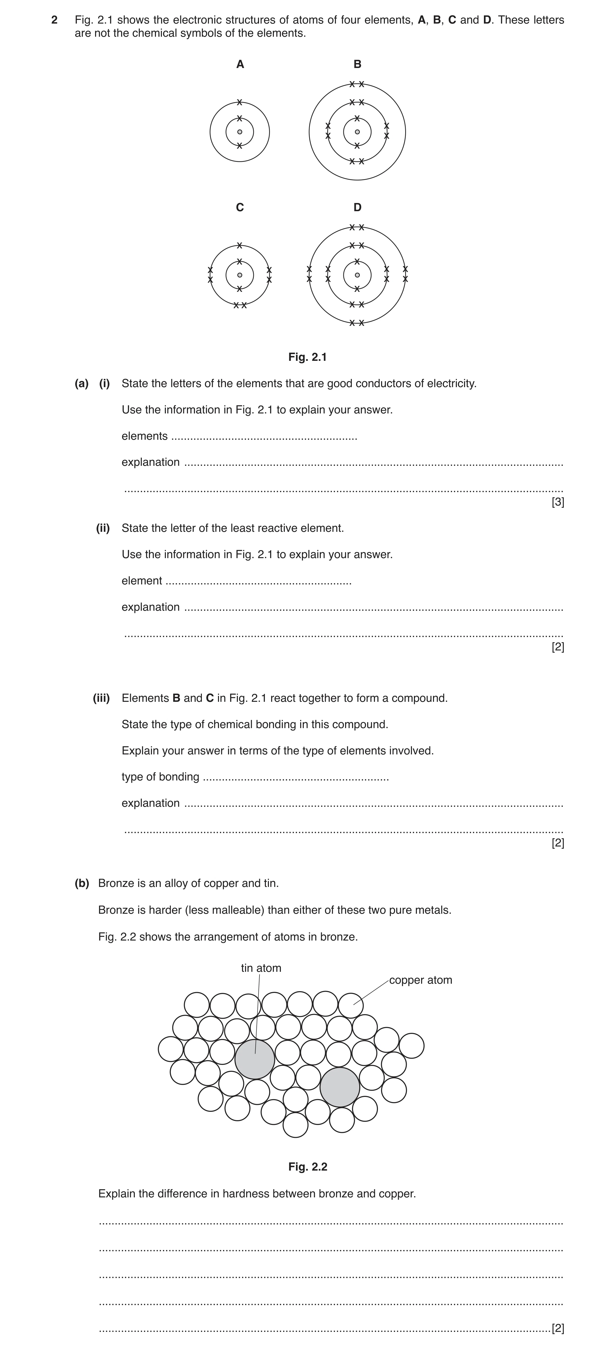 Question 2: Fig. 2.1 shows the electronic structures of atoms of four elements, A, B, C and D. These letters are not the chemical symbols of the elemen…