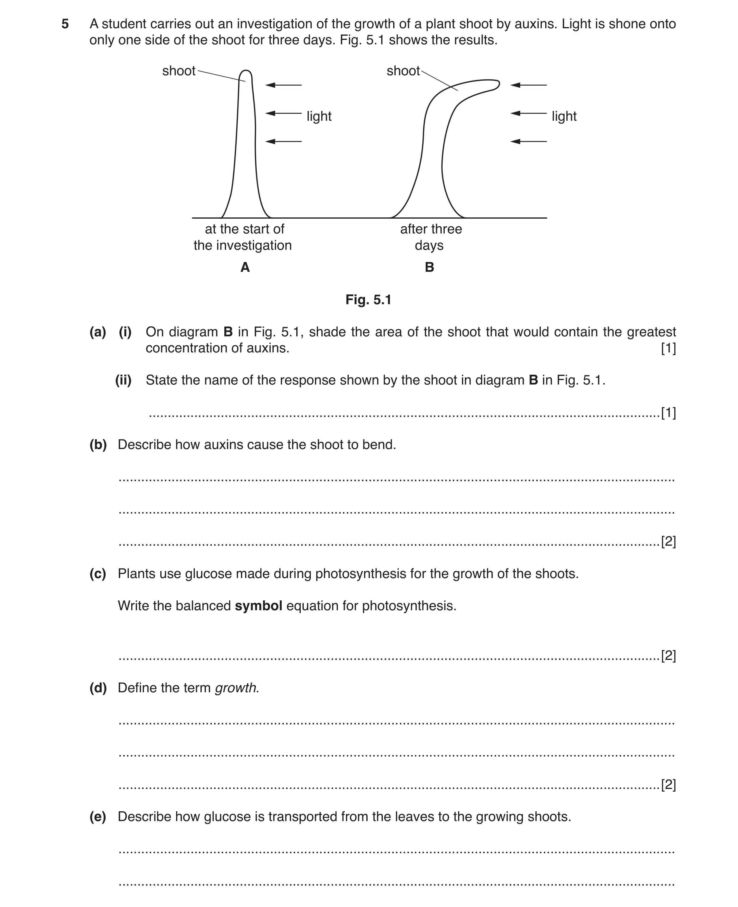 Question 2: A student carries out an investigation of the growth of a plant shoot by auxins. Light is shone onto only one side of the shoot for three d…