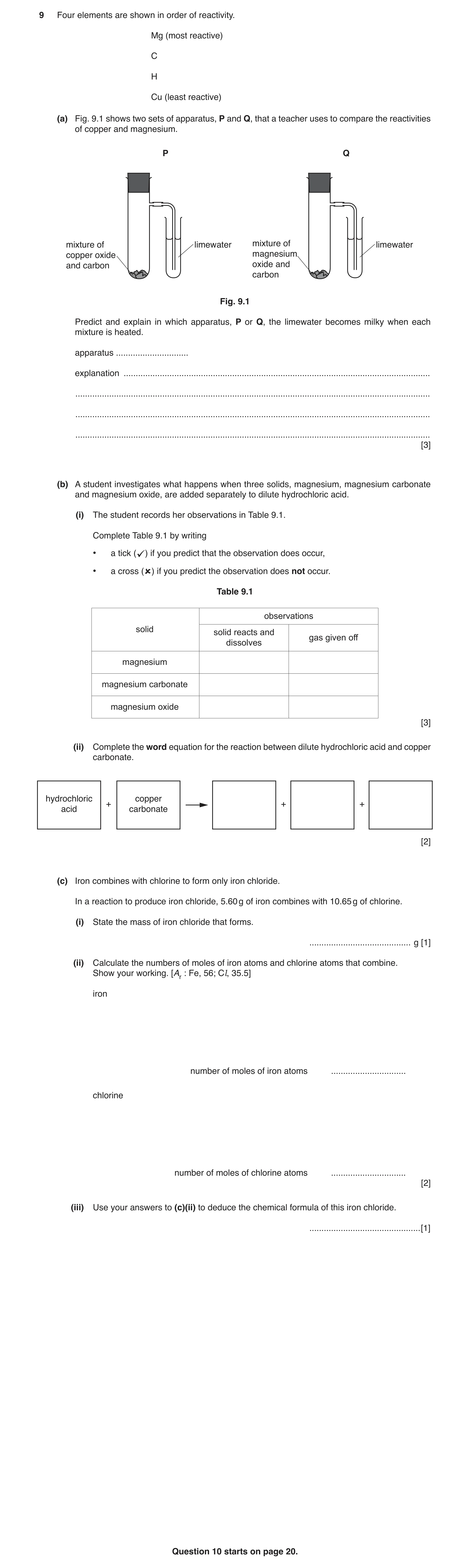 Question 2: Four elements are shown in order of reactivity. Mg (most reactive) C H Cu (least reactive) (a) Fig. 9.1 shows two sets of apparatus, P and …
