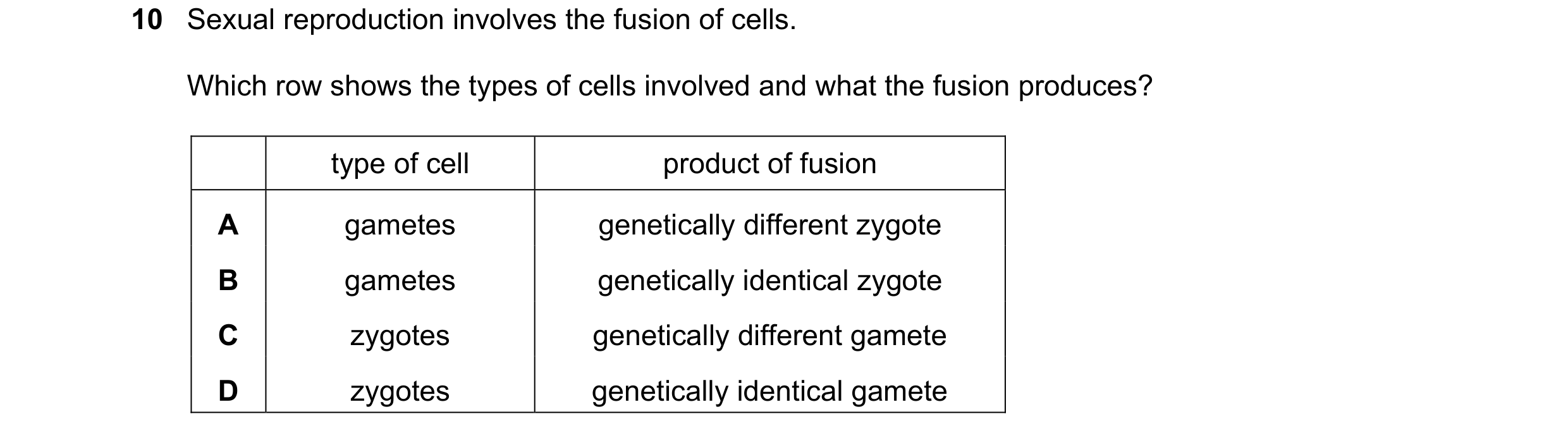 Question 7: Sexual reproduction involves the fusion of cells. Which row shows the types of cells involved and what the fusion produces? type of cell pr…