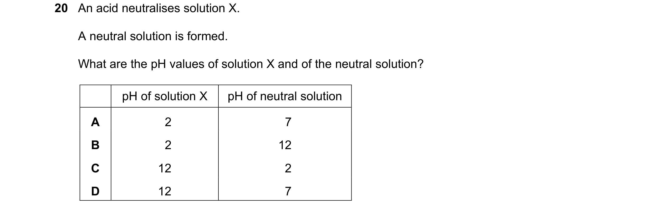 Question 61: An acid neutralises solution X. A neutral solution is formed. What are the pH values of solution X and of the neutral solution? pH of solut…