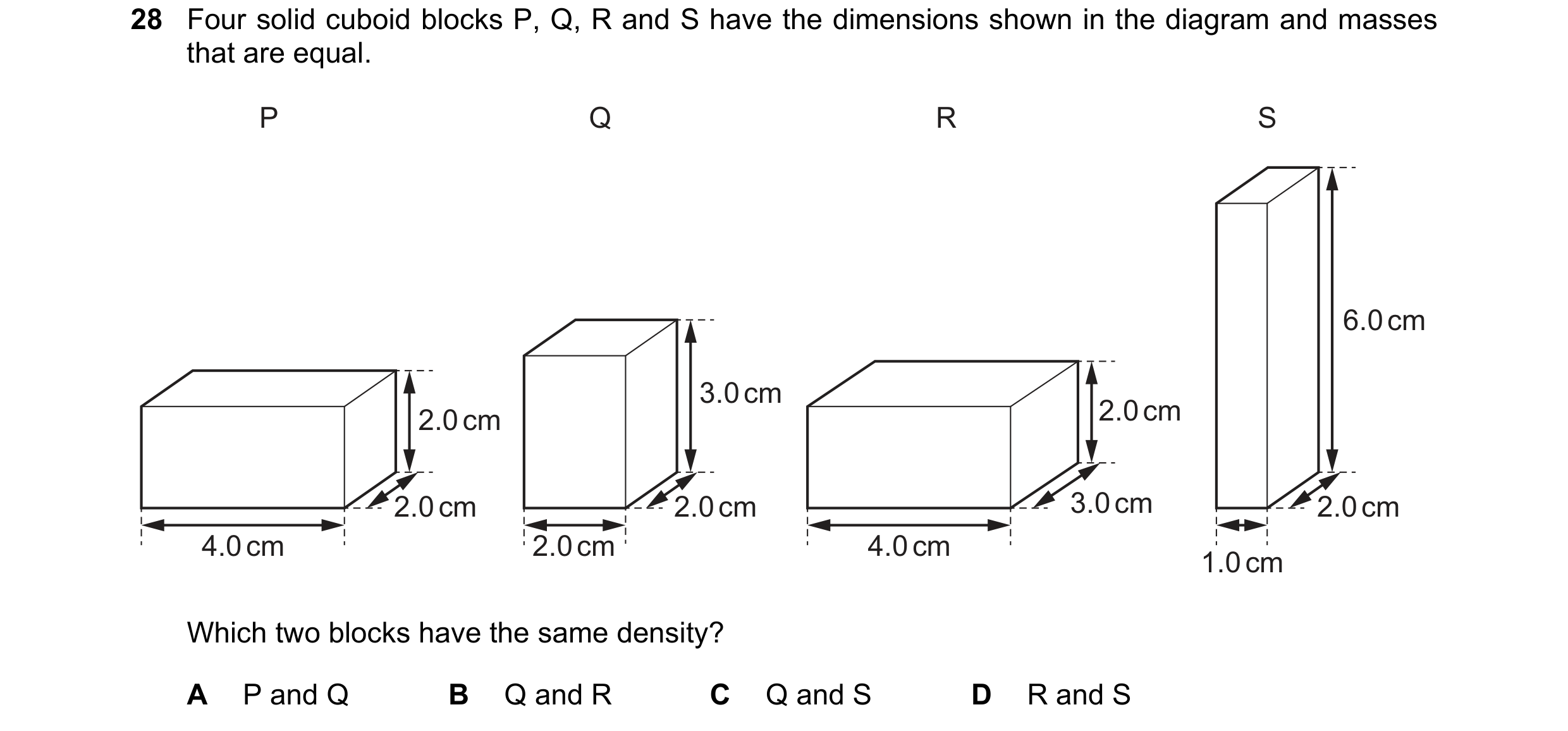 Question 43: Four solid cuboid blocks P, Q, R and S have the dimensions shown in the diagram and masses that are equal. P Q R S 6.0 cm 3.0 cm 2.0 cm 2.0…
