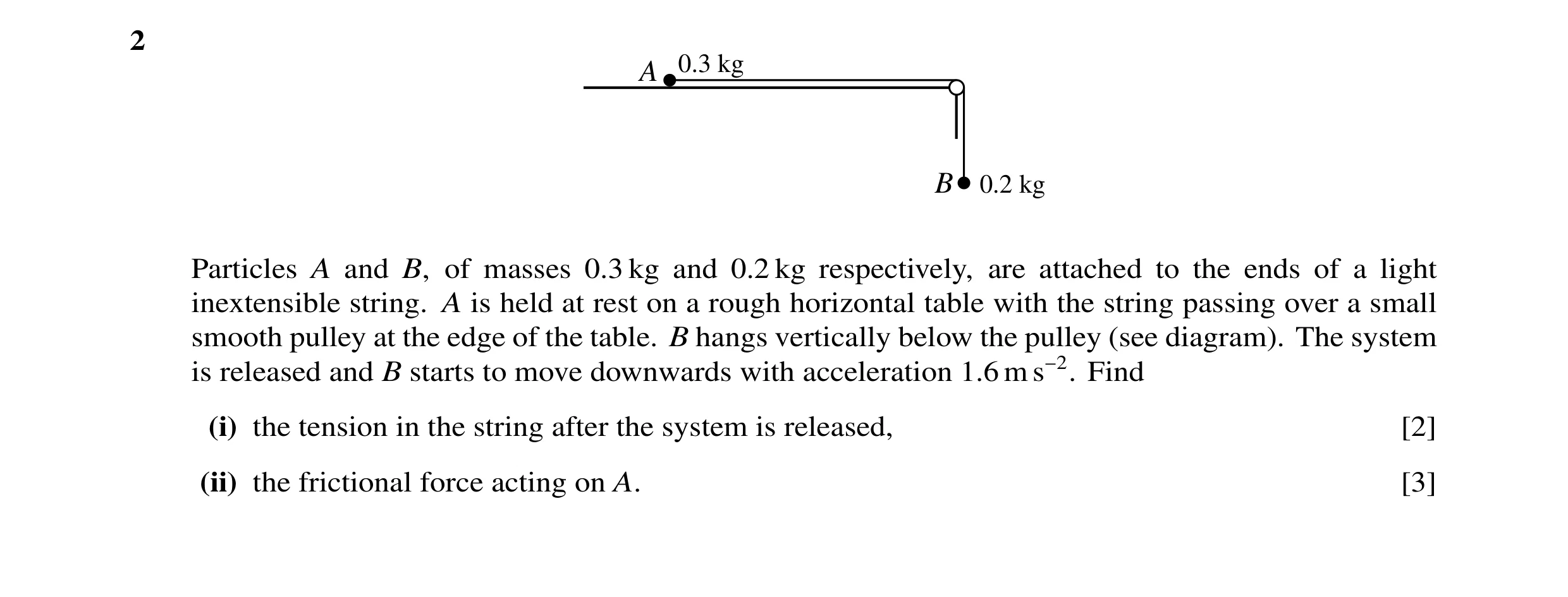 Question 13: A 0.3 kg B 0.2 kg Particles A and B, of masses 0.3 kg and 0.2 kg respectively, are attached to the ends of a light inextensible string. A i…
