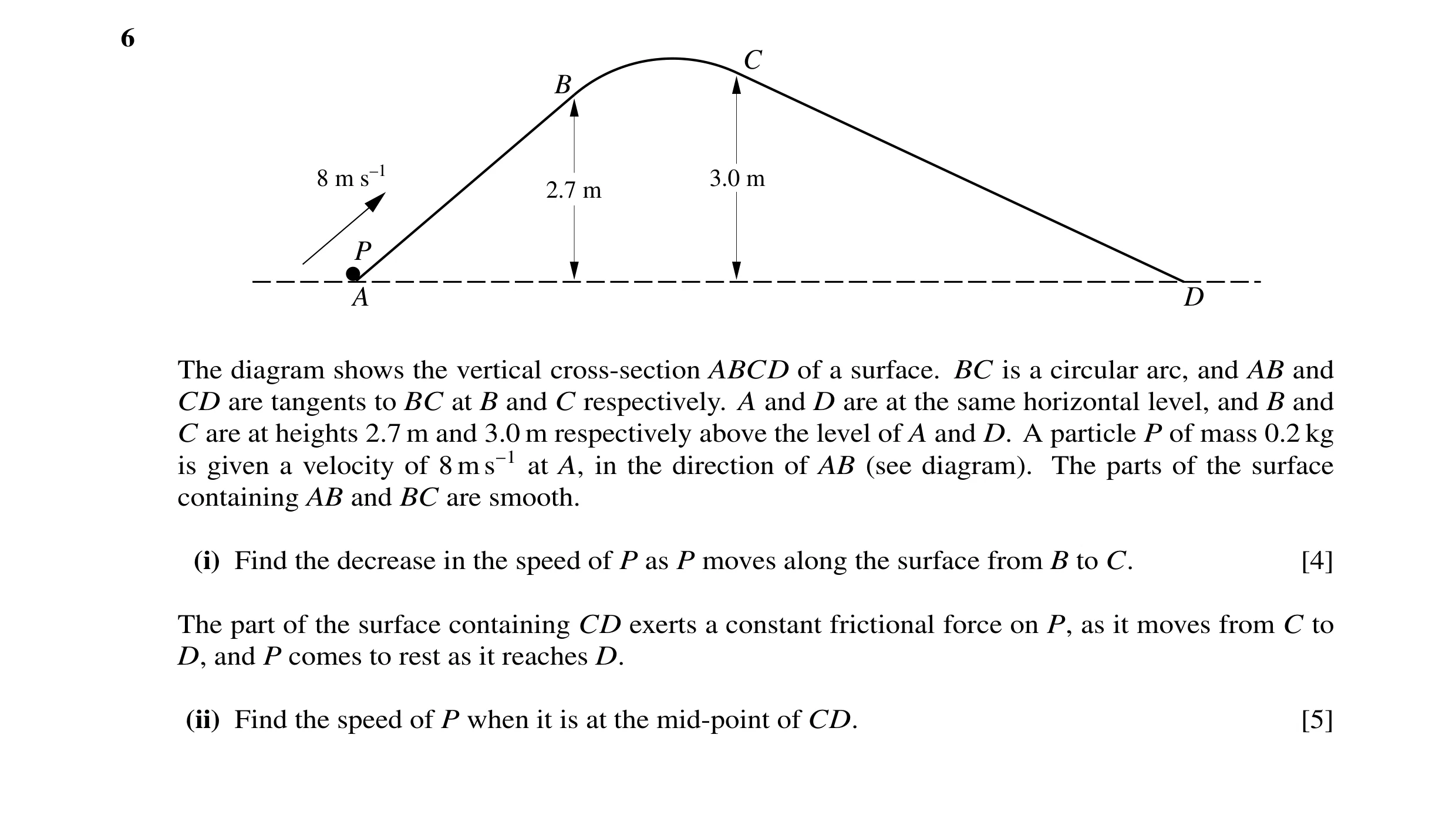 Question 46: C B 8 m s–1 3.0 m 2.7 m P A D The diagram shows the vertical cross-section ABCD of a surface. BC is a circular arc, and AB and CD are tange…
