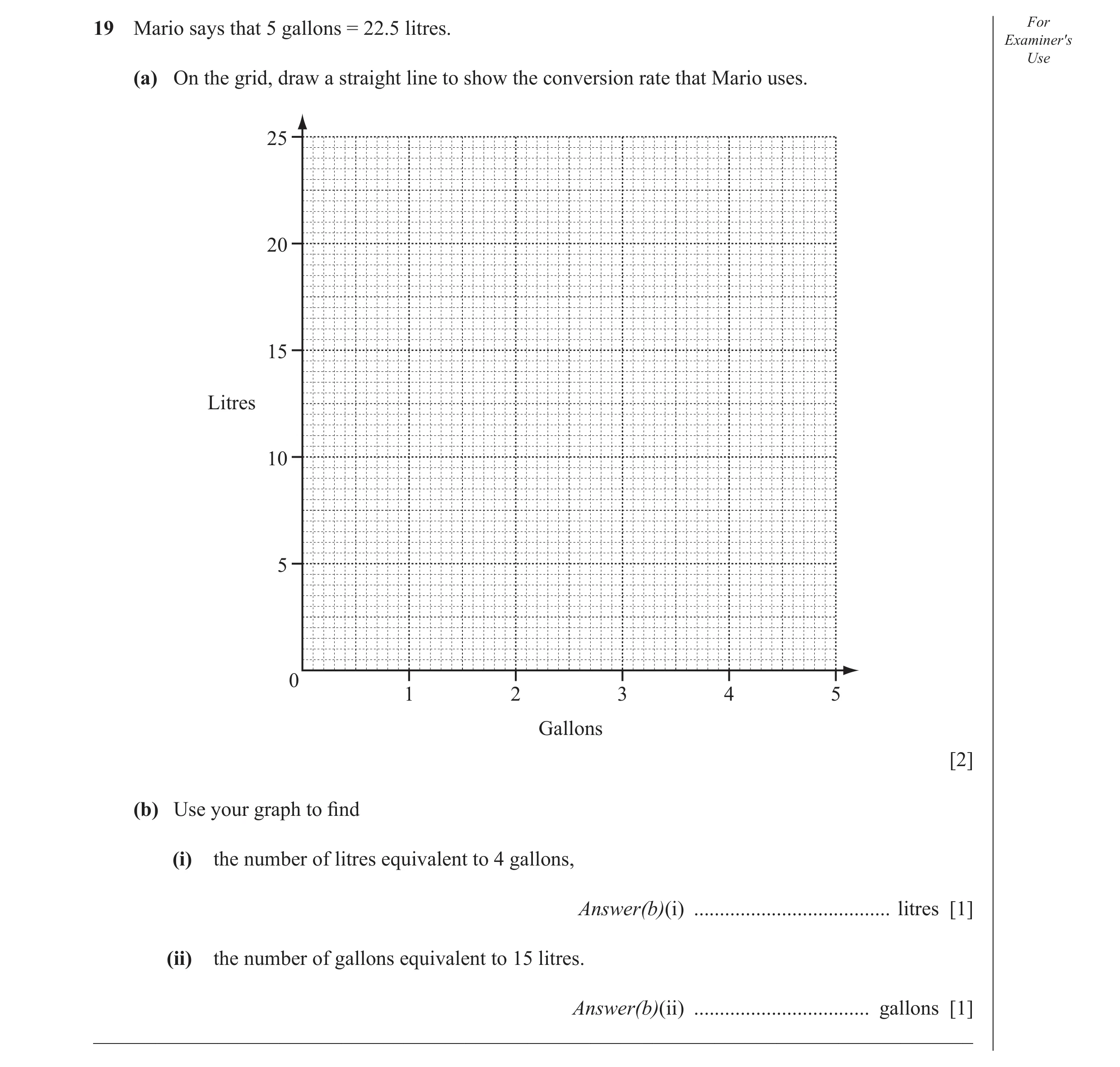 Question 49: Mario says that 5 gallons = 22.5 litres. For Examiner′s Use (a) On the grid, draw a straight line to show the conversion rate that Mario us…