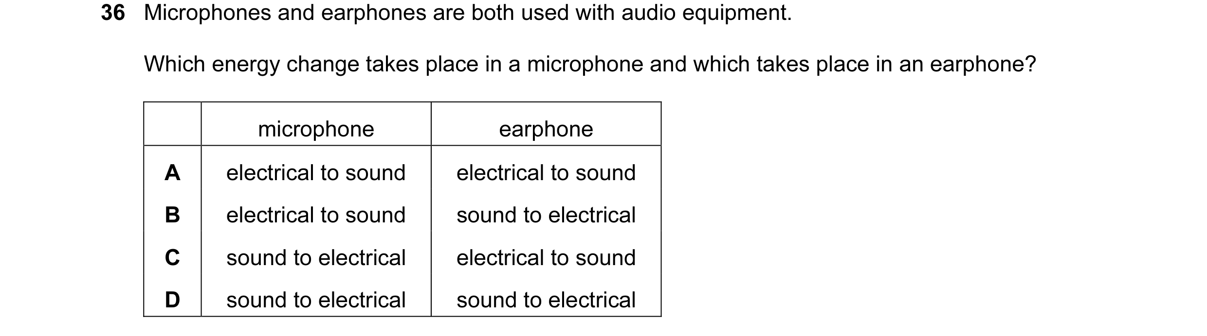 Question 6: Microphones and earphones are both used with audio equipment. Which energy change takes place in a microphone and which takes place in an e…