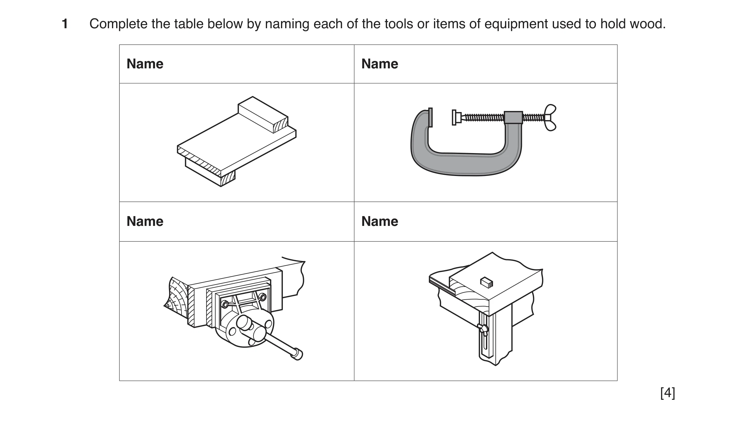 Question 22: Complete the table below by naming each of the tools or items of equipment used to hold wood. Name Name Name Name [4]