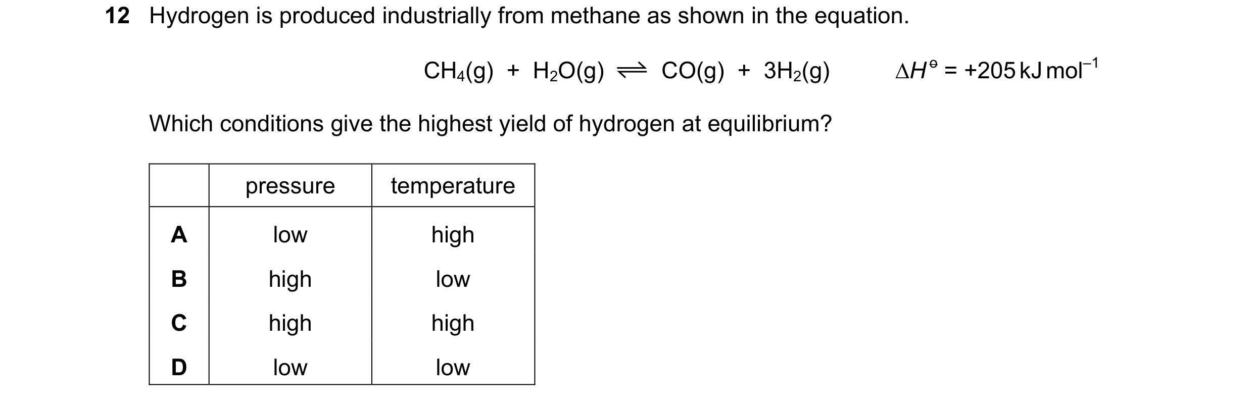 Question 178: Hydrogen is produced industrially from methane as shown in the equation. CH4(g)  +  H2O(g) CO(g)  +  3H2(g) H o = +205 kJ mol–1 Which cond…