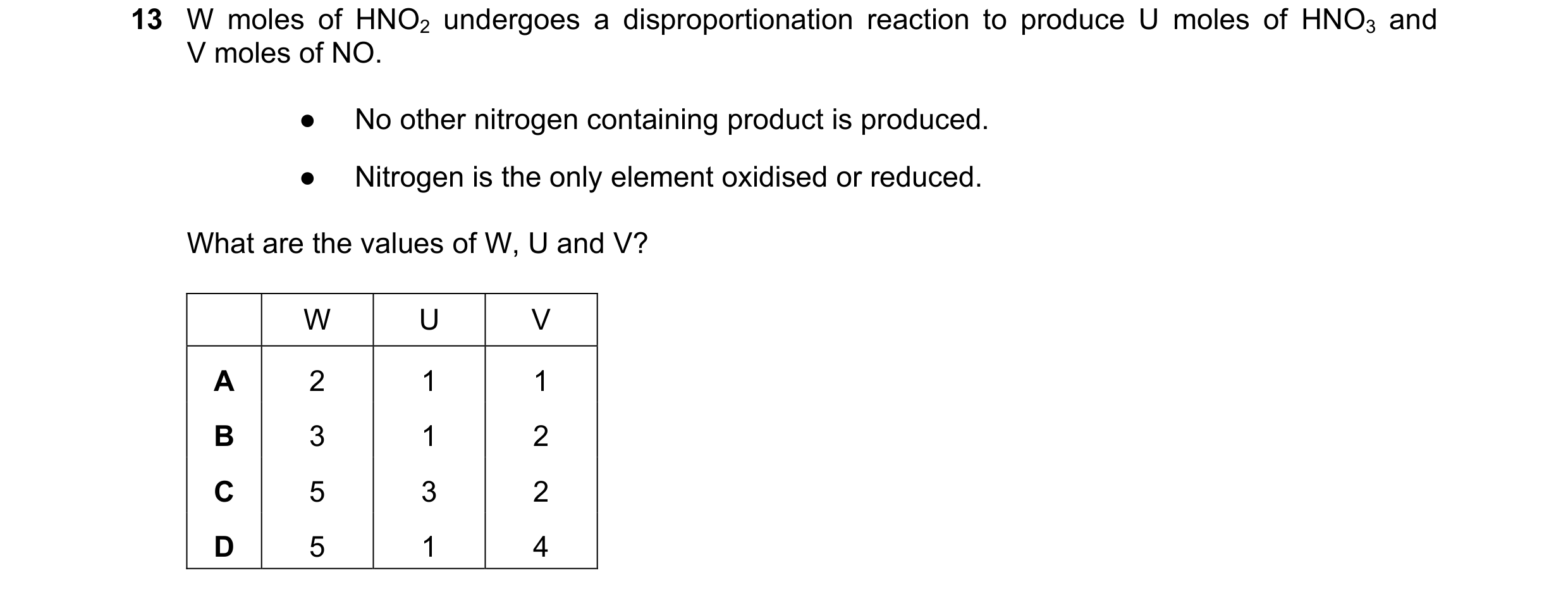 Question 266: W moles of HNO2 undergoes a disproportionation reaction to produce U moles of HNO3 and V moles of NO. ● No other nitrogen containing produc…