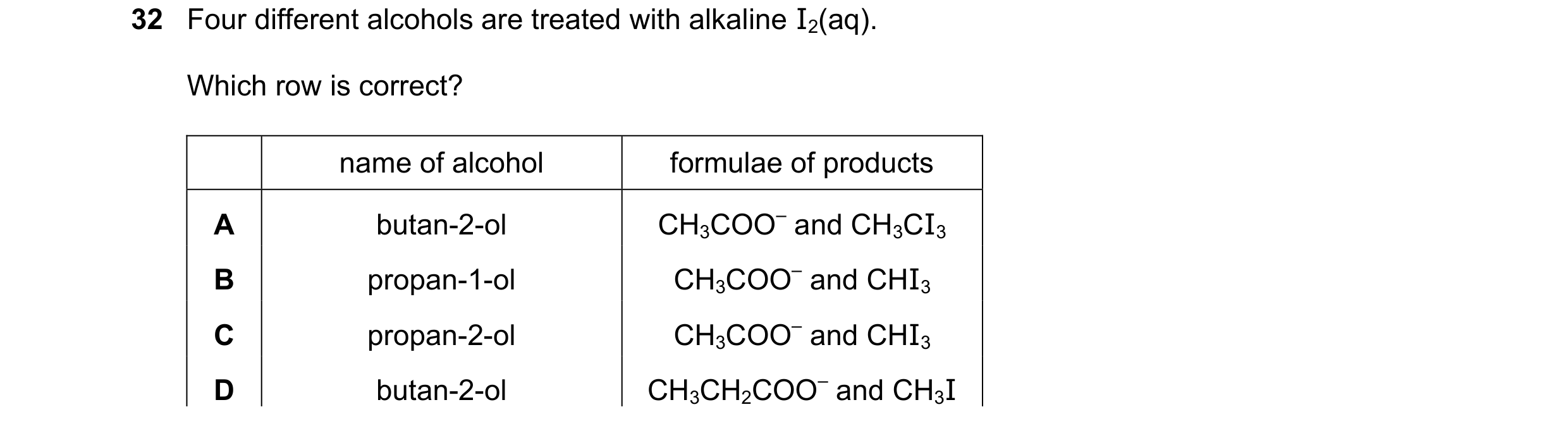 Question 348: Four different alcohols are treated with alkaline I2(aq). Which row is correct? name of alcohol formulae of products A butan-2-ol CH3COO– a…