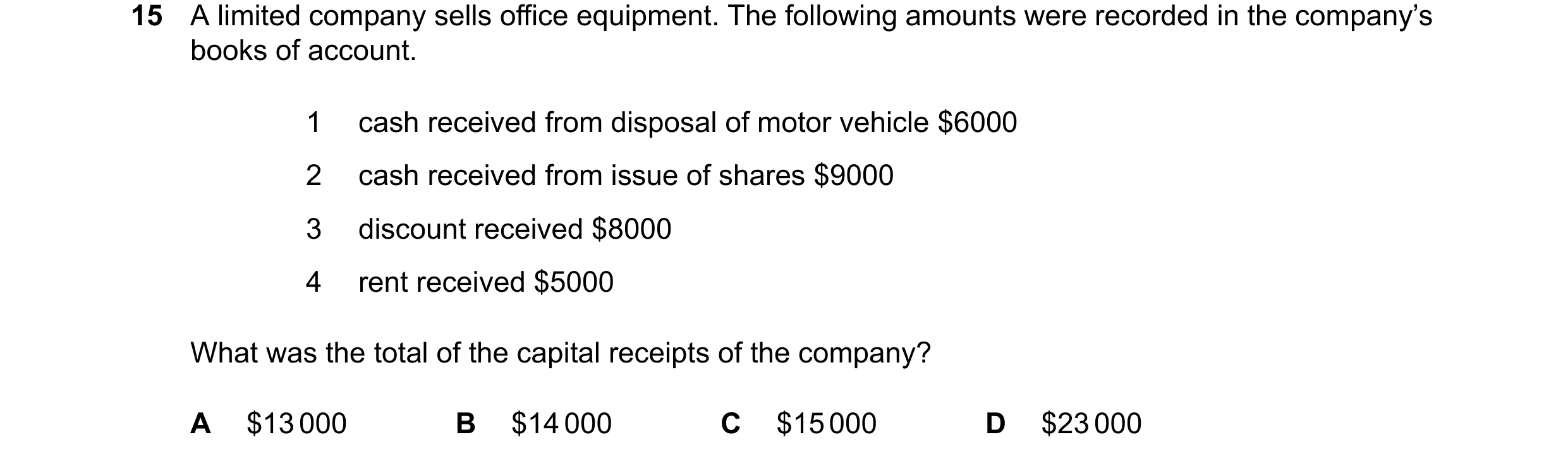 Question 42: A limited company sells office equipment. The following amounts were recorded in the company’s books of account. 1 cash received from dispo…