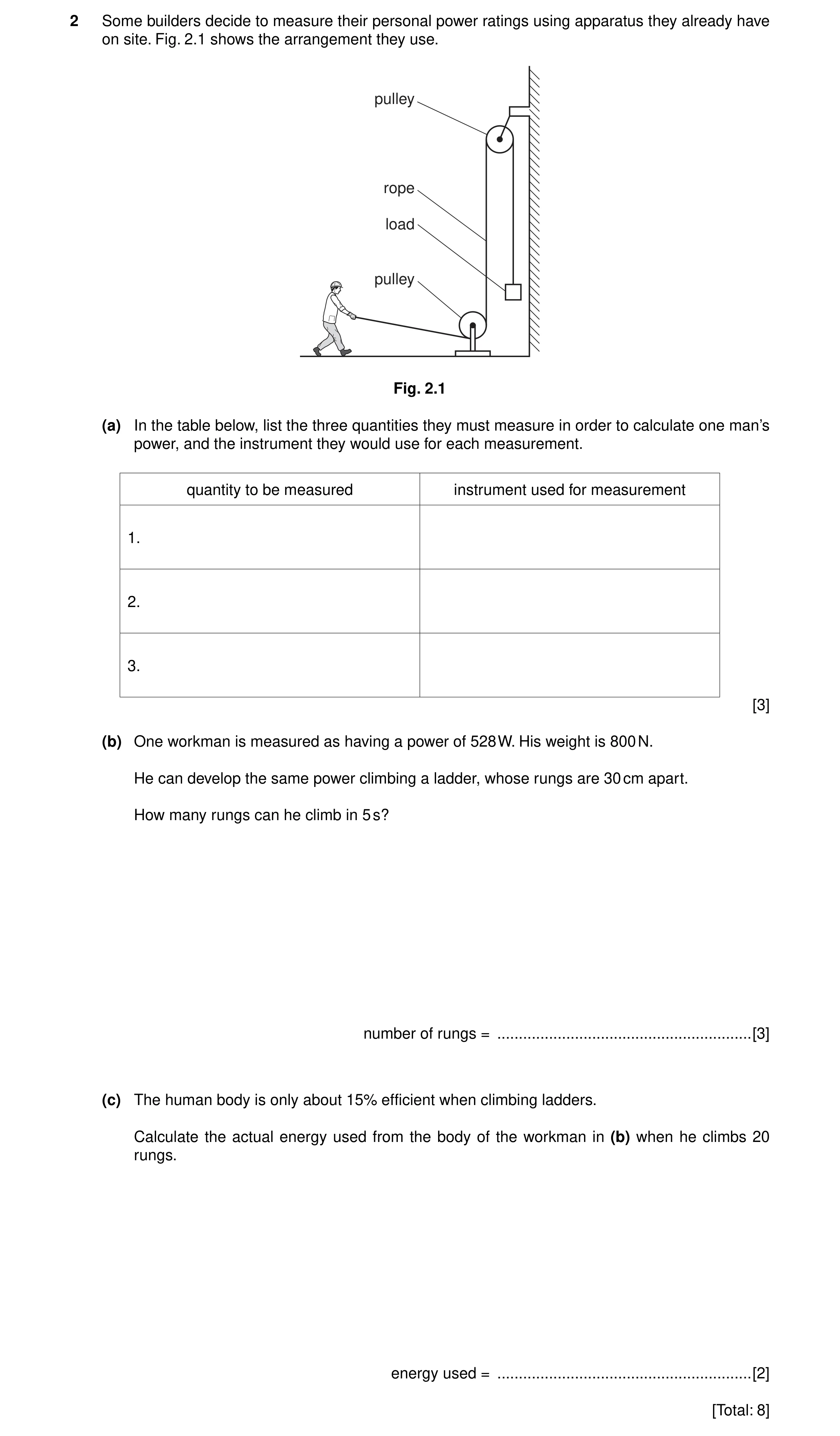 Question 25: Some builders decide to measure their personal power ratings using apparatus they already have on site. Fig. 2.1 shows the arrangement they…