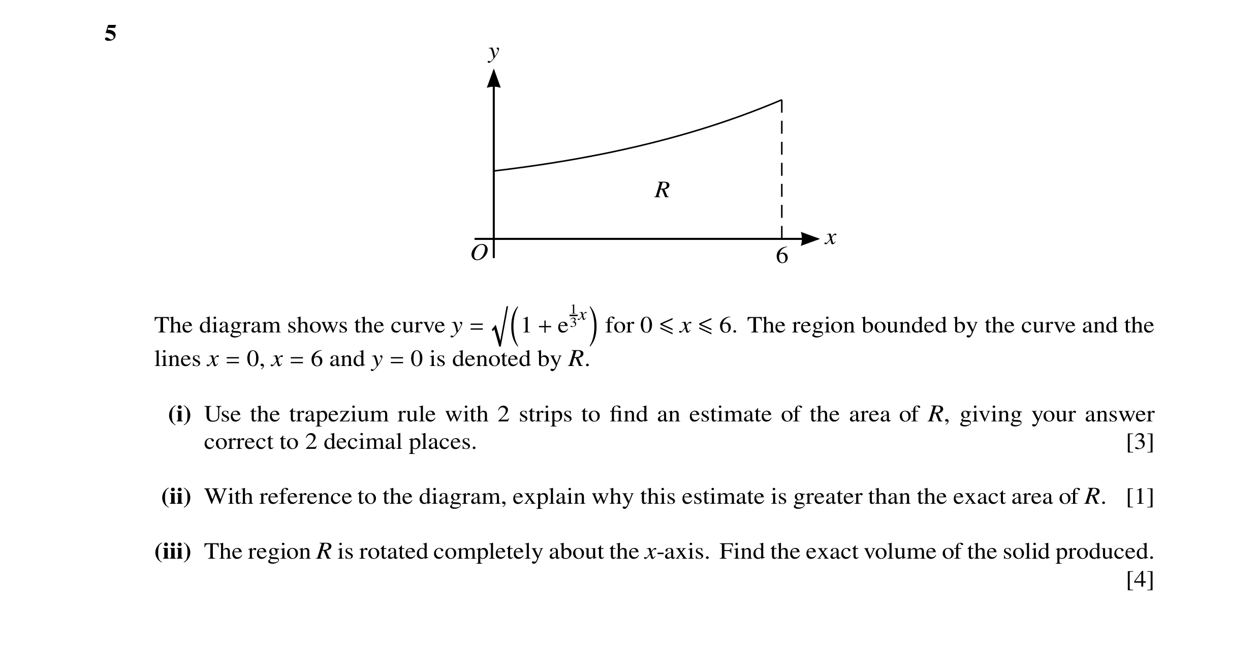 Question 53: y R x O 6 1 The diagram shows the curve y 1 e for 0 The region bounded by the curve and the = ?0 + 3x1 ≤x ≤6. lines x 0, x 6 and y 0 is den…