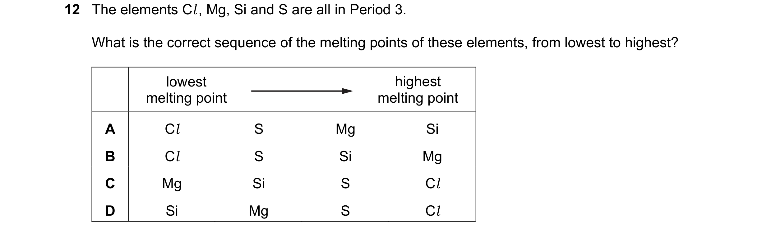 Question 50: The elements Cl , Mg, Si and S are all in Period 3. What is the correct sequence of the melting points of these elements, from lowest to hi…