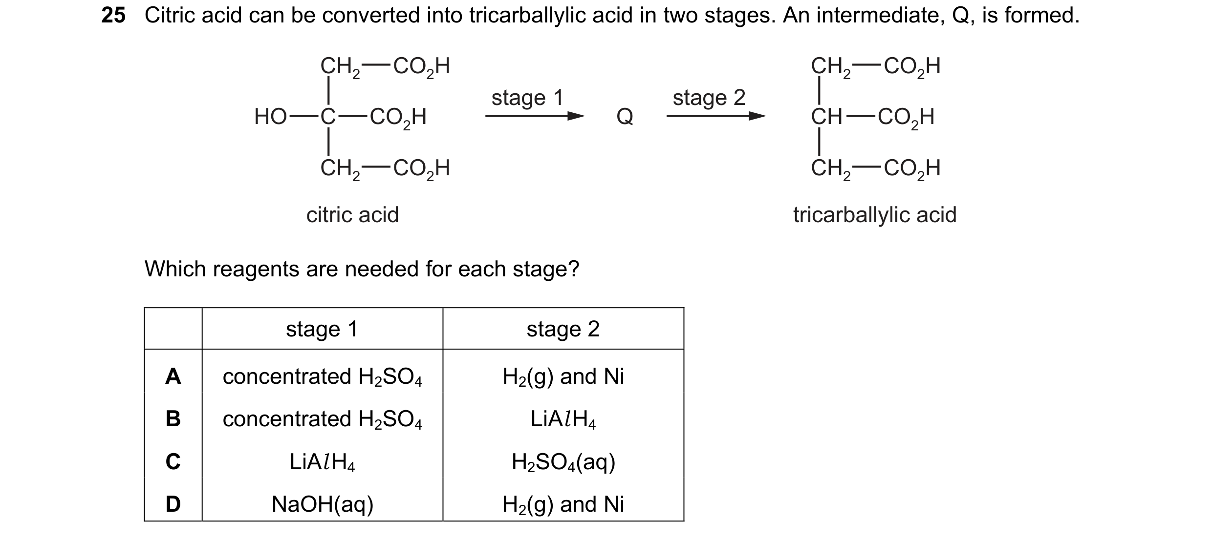 Question 189: Citric acid can be converted into tricarballylic acid in two stages. An intermediate, Q, is formed. CH2 CO2H CH2 CO2H stage 1 stage 2 HO C …